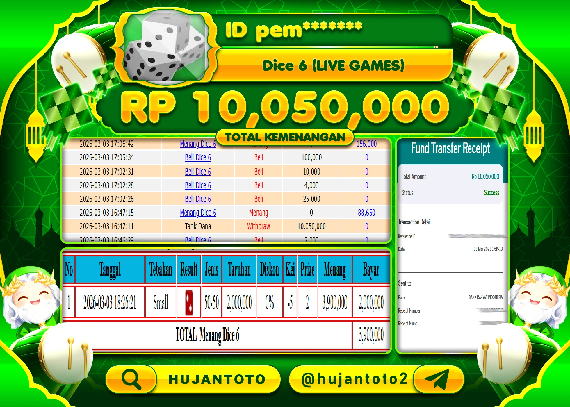 HUJANTOTO - BUKTI JACKPOT MENANG LIVEGAMES DICE 6 Rp.10,050,000 - TERBAYAR LUNAS