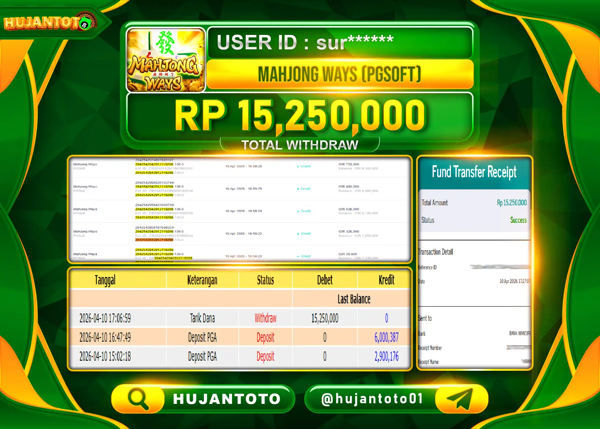 HUJANTOTO - BUKTI JACKPOT MENANG SLOT MAHJONG WAYS Rp.15,250,000 - TERBAYAR LUNAS