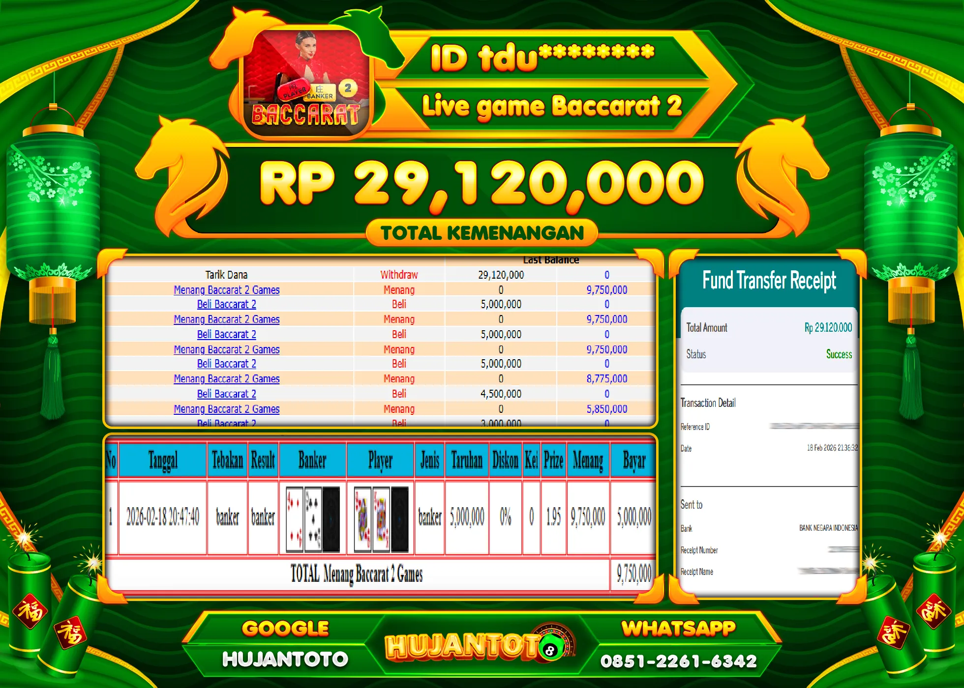 HUJANTOTO - BUKTI JACKPOT MENANG LIVEGAME LIVE GAME BACCARAT 2 Rp.29,120,000 - TERBAYAR LUNAS