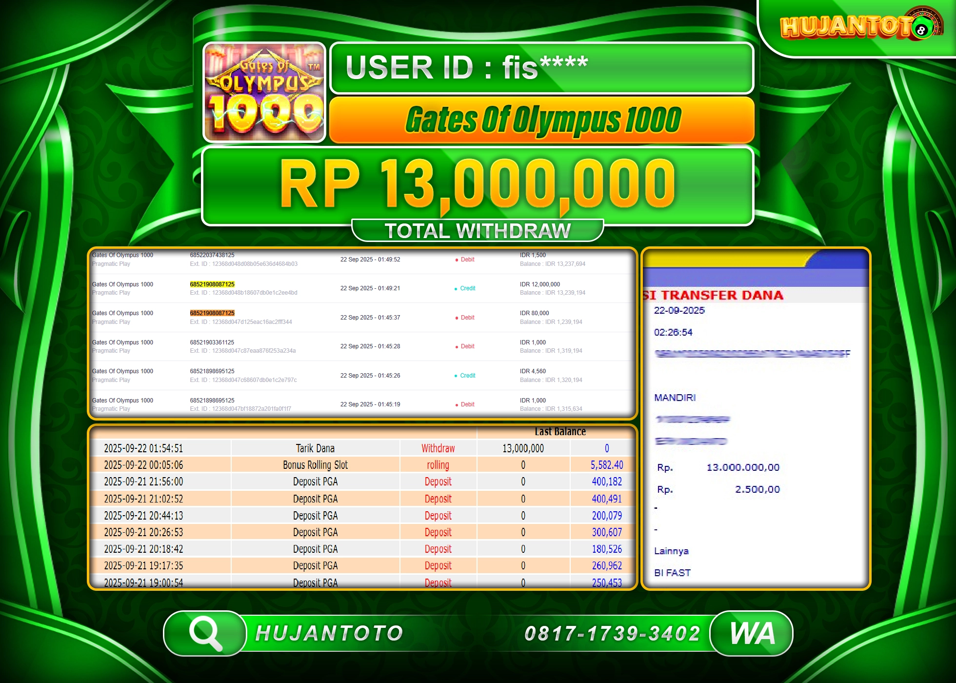 HUJANTOTO - BUKTI JACKPOT MENANG SLOT GATES OF OLYMPUS 1000 Rp.13,000,000 - TERBAYAR LUNAS