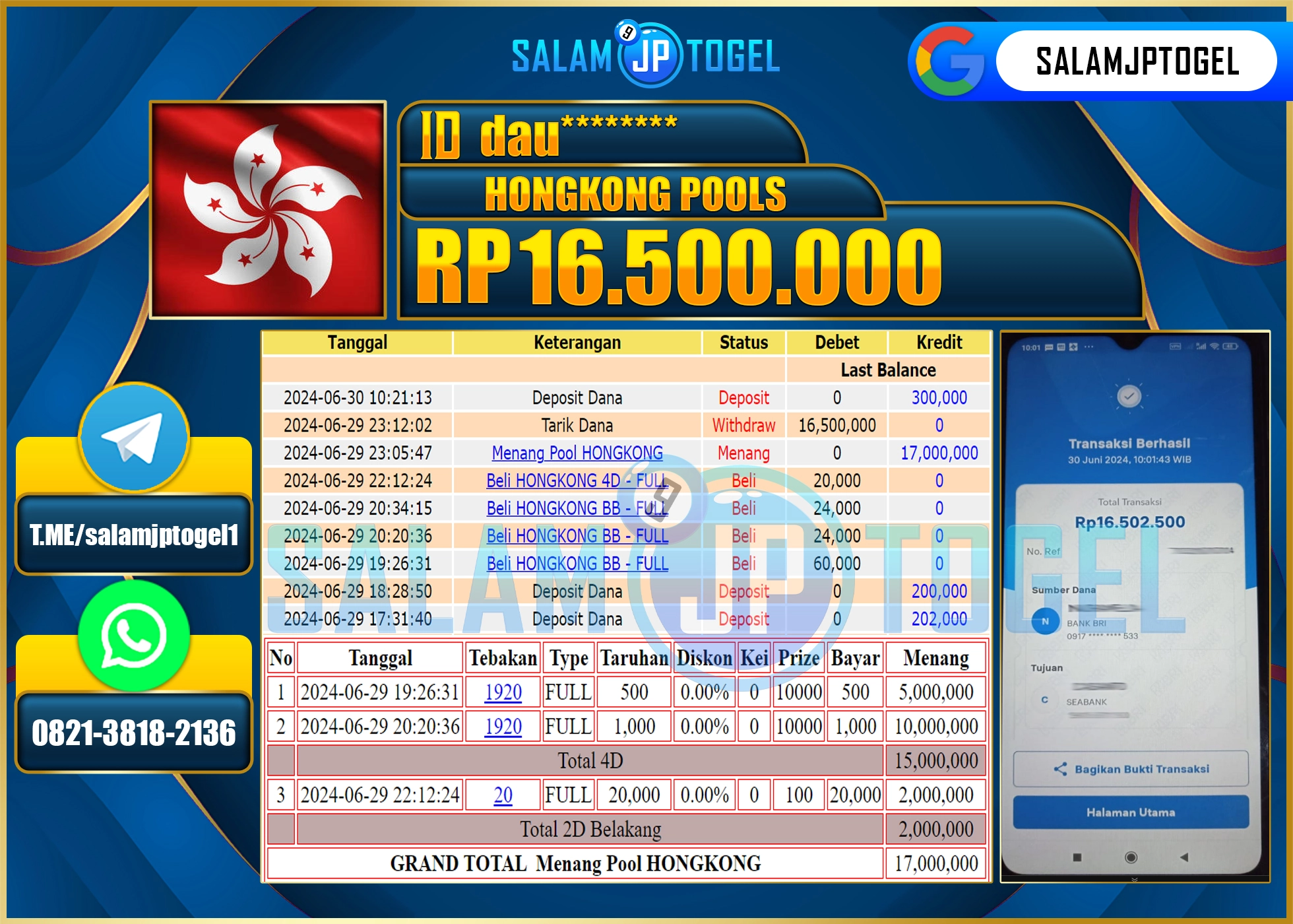 SALAMJPTOGEL MENANG HONGKONG POOLS  RP. 16,500,000.,LUNAS