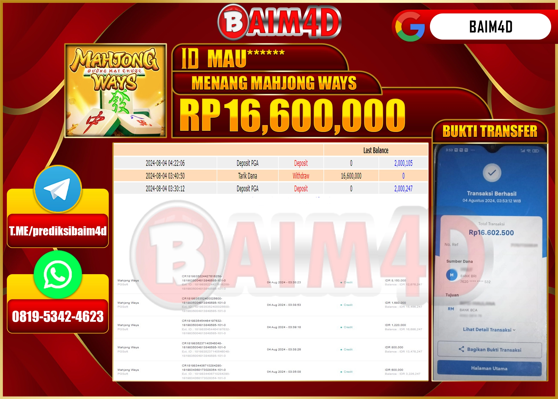 BAIM4D JACKPOT PRAGMATIC MAHJONG WAYS Rp.16.600,000.- LUNAS