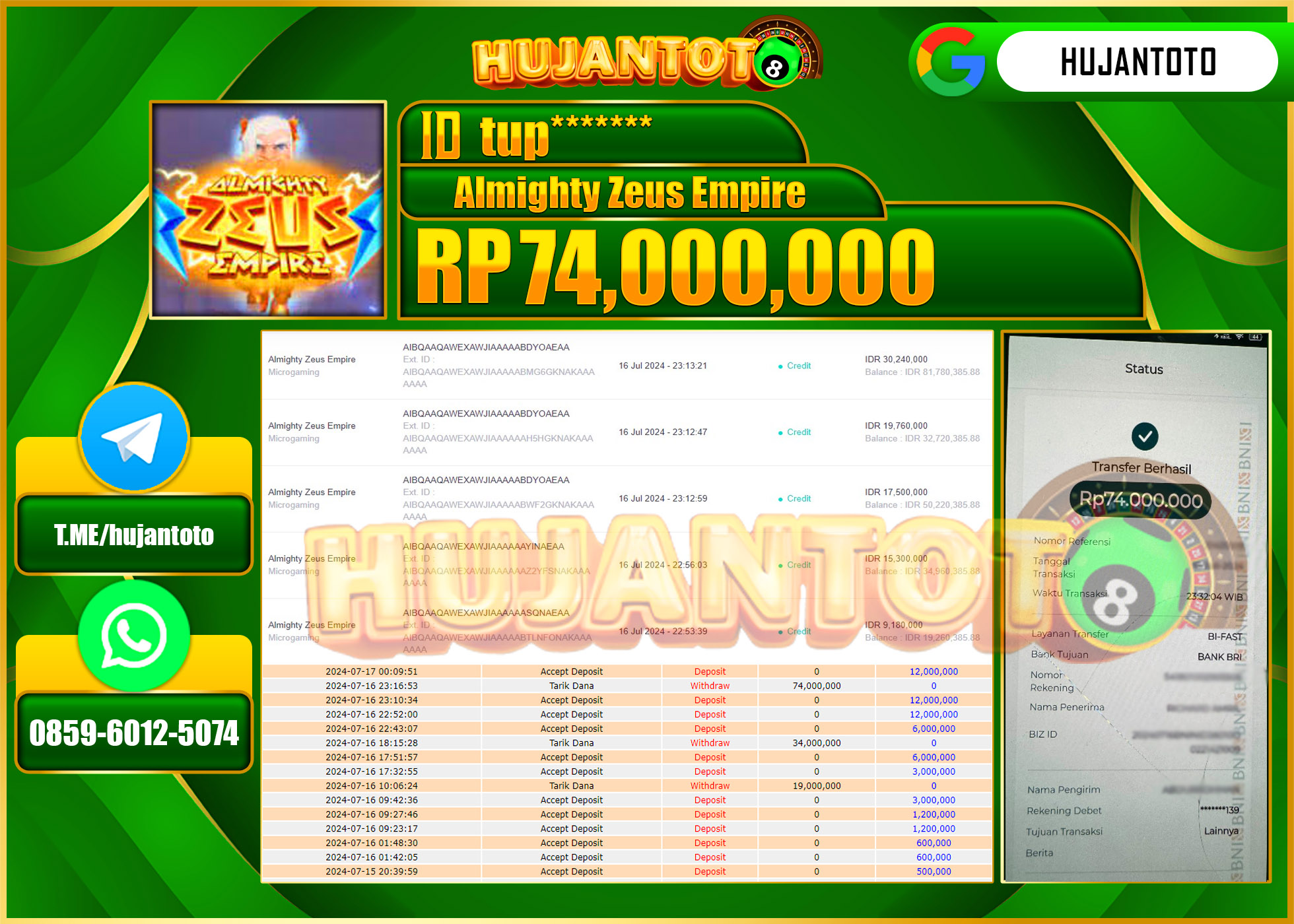 HUJANTOTO MENANG SLOT ALMIGHTY ZEUS EMPIRE 74.000.000 -  LUNAS 