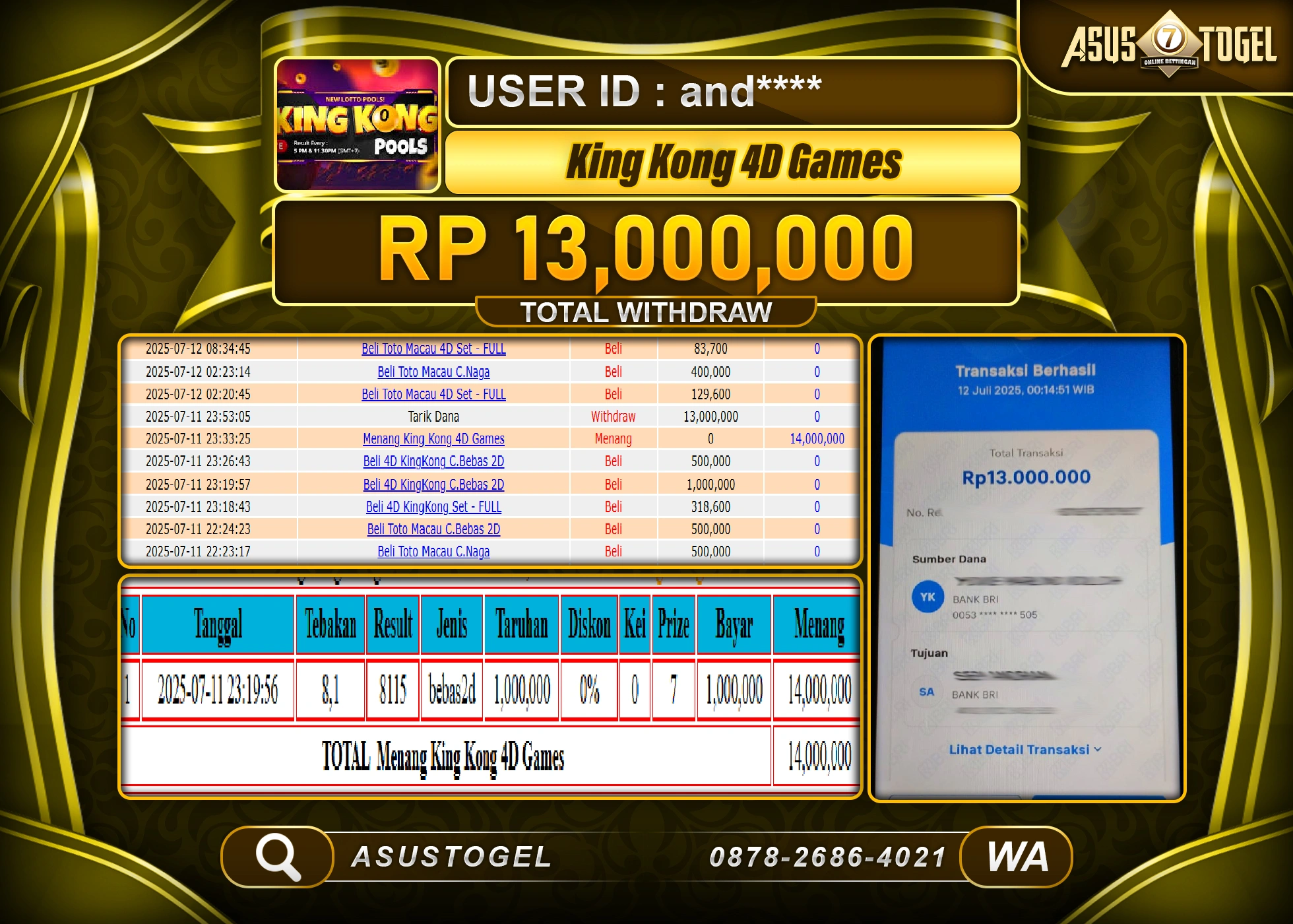 ASUSTOGEL KEMENANGAN DI TOGEL KING KONG 4D SEBESAR 13,000,000- RUPIAH LUNAS