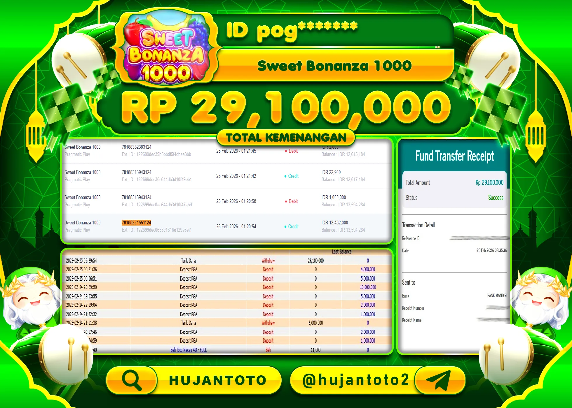 HUJANTOTO - BUKTI JACKPOT MENANG SLOT SWEET BONANZA 1000 Rp.29,100,000 - TERBAYAR LUNAS
