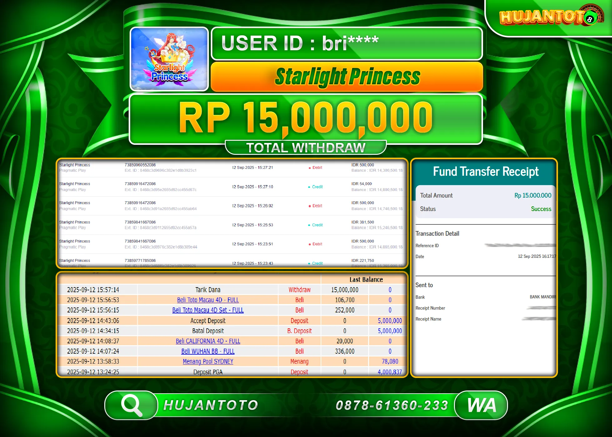 HUJANTOTO - BUKTI JACKPOT MENANG SLOT STARLIGHT PRINCESS Rp.15,000,000 - TERBAYAR LUNAS
