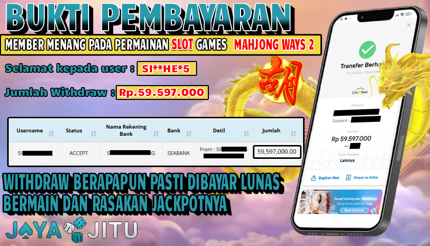 🏆 BUKTI KEMENANGAN MAHJONG WAYS 2 MEMBER  JAYAJITU🏆