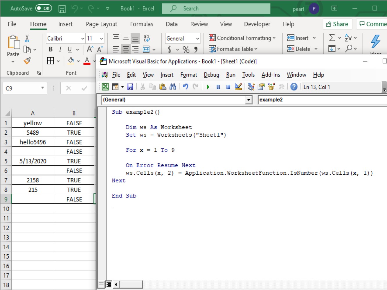 Screenshot of Isnumber used in VBA using loops
