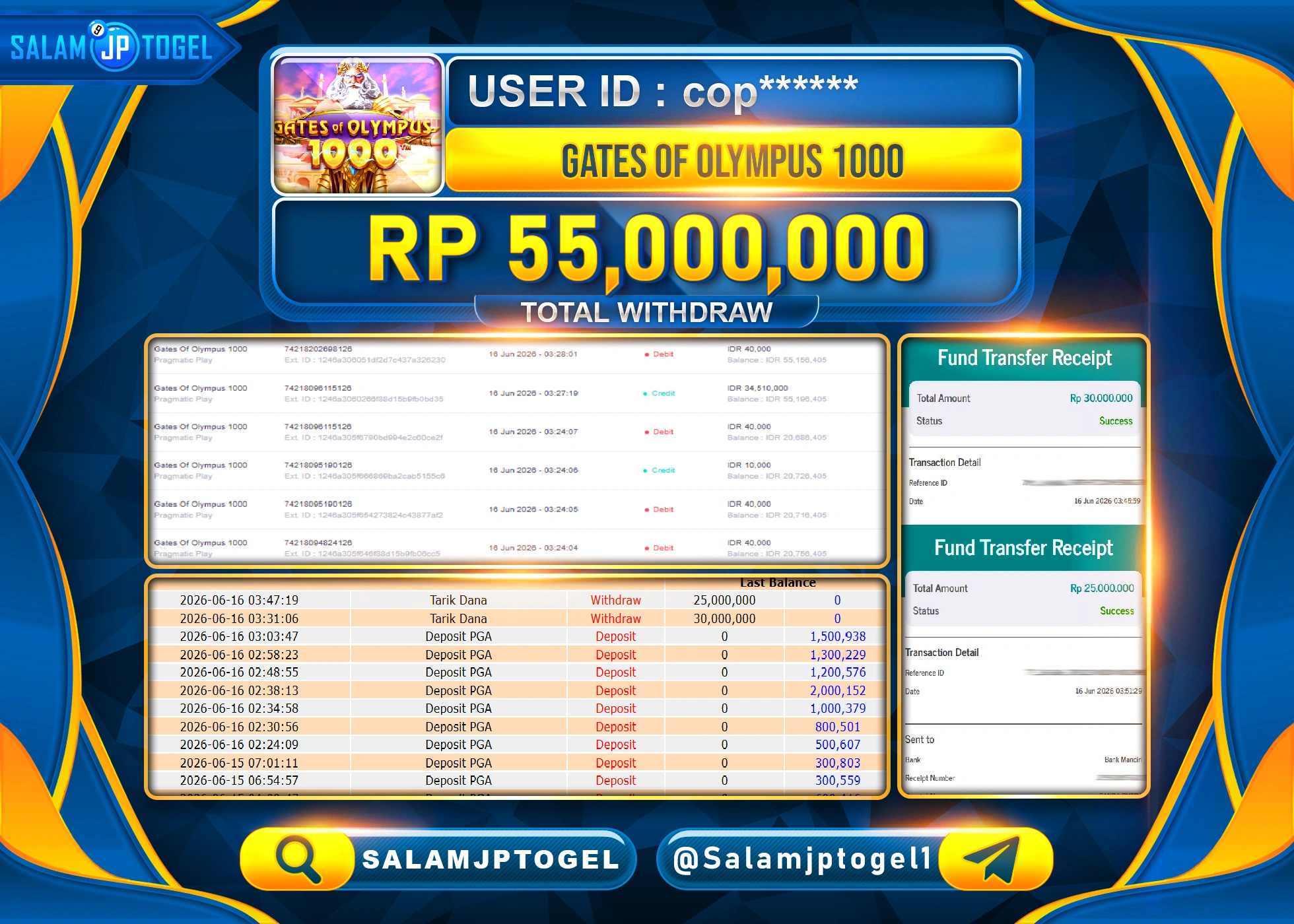 SALAMJPTOGEL JACKPOT MENANG SLOT GATES OF OLYMPUS 1000 Rp.55,000,000 - LUNAS