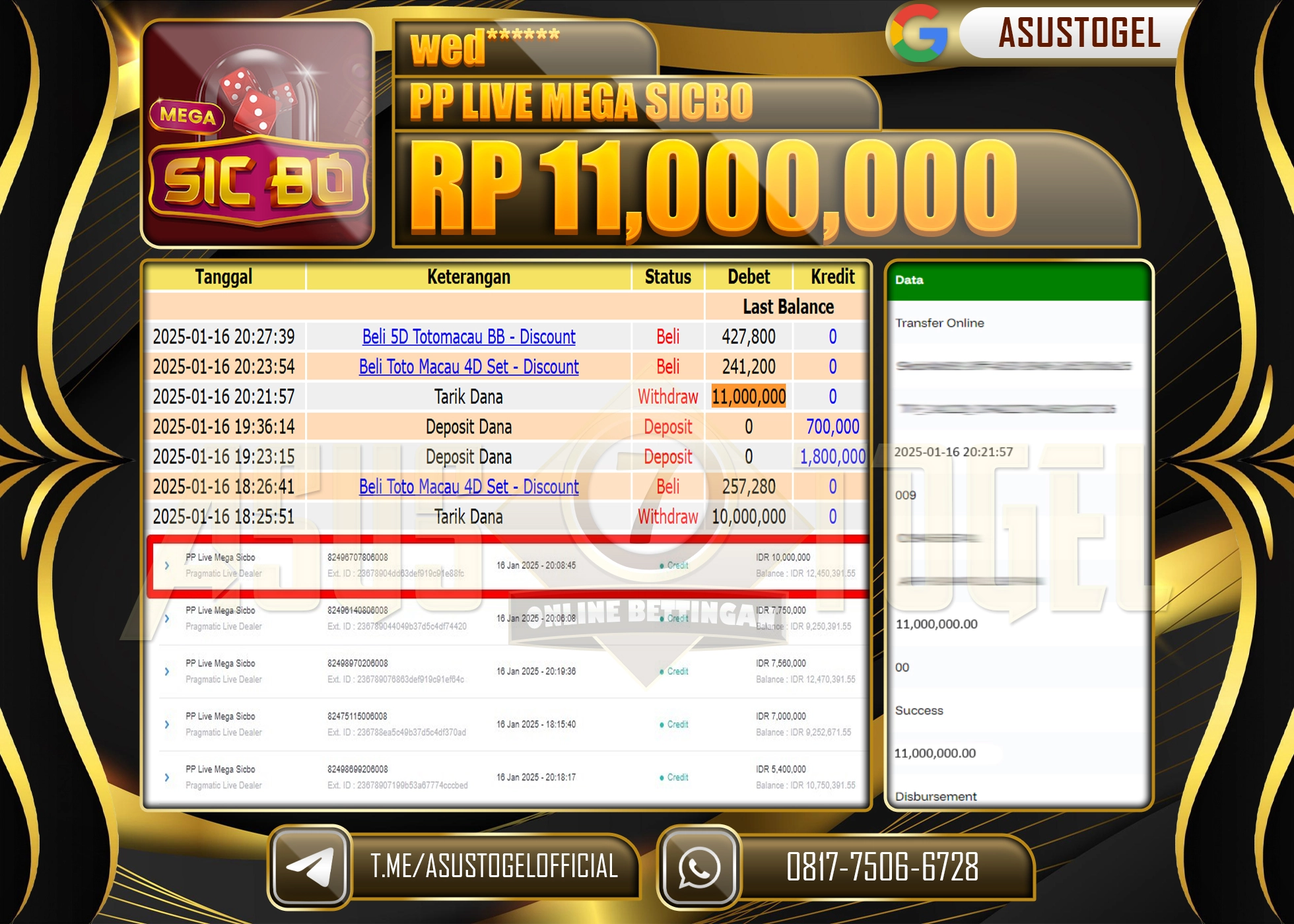 ASUSTOGEL KEMENANGAN DI PP LIVE MEGA SICBO SEBESAR 11.000.000 - RUPIAH LUNAS