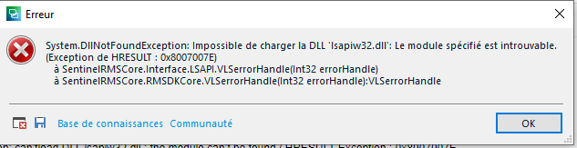 Error message window titled 'Erreur' displaying a System.DllNotFoundException for 'lsapiw32.dll' and HRESULT Exception code '0x8007007E'. Two buttons labeled 'Base de connaissances' and 'Communaut ' are at the bottom left, with an 'OK' button at the bottom right.