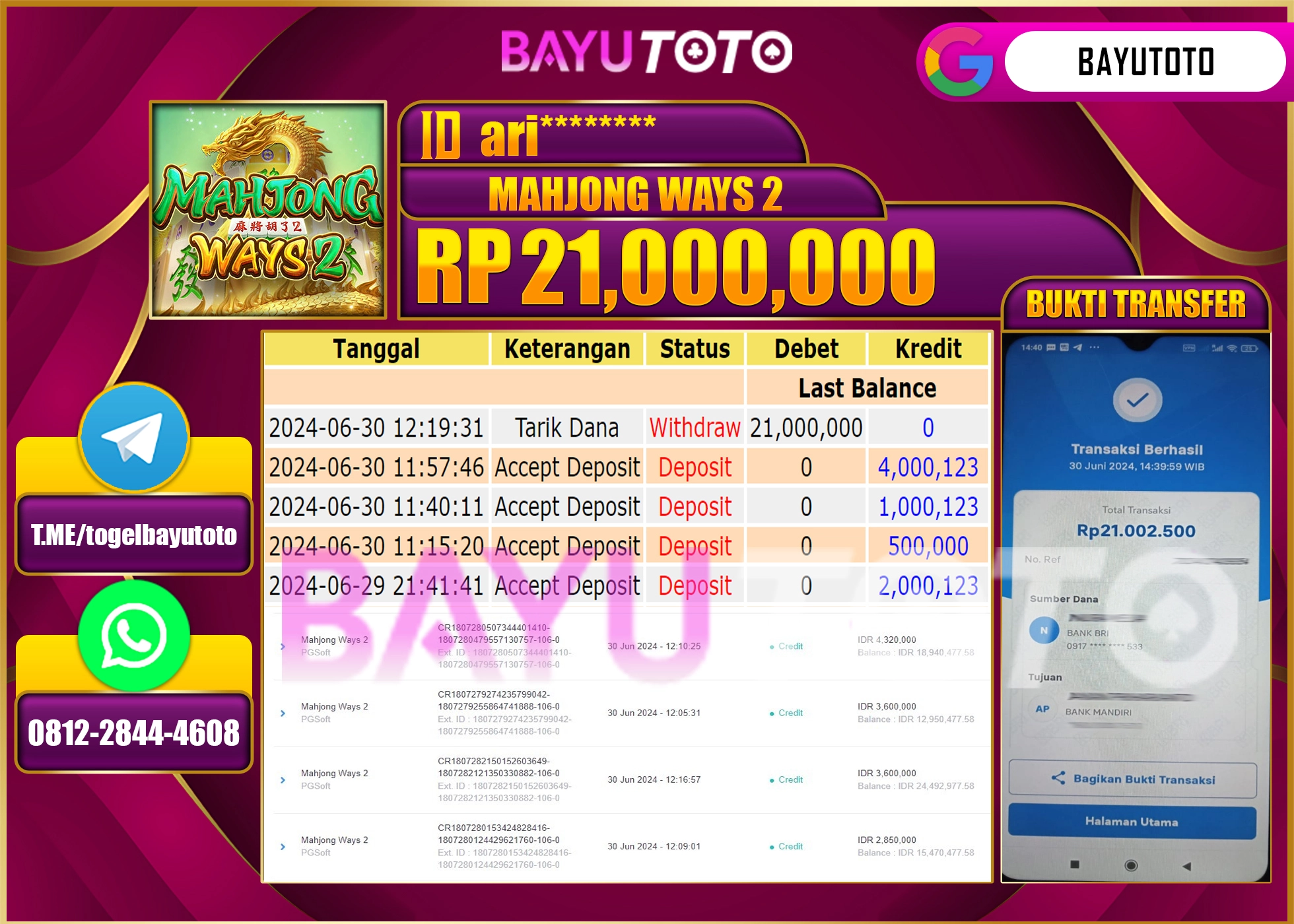 BAYUTOTO JACKPOT  MAHJONG WAYS 2  Rp.21.000.000 LUNAS