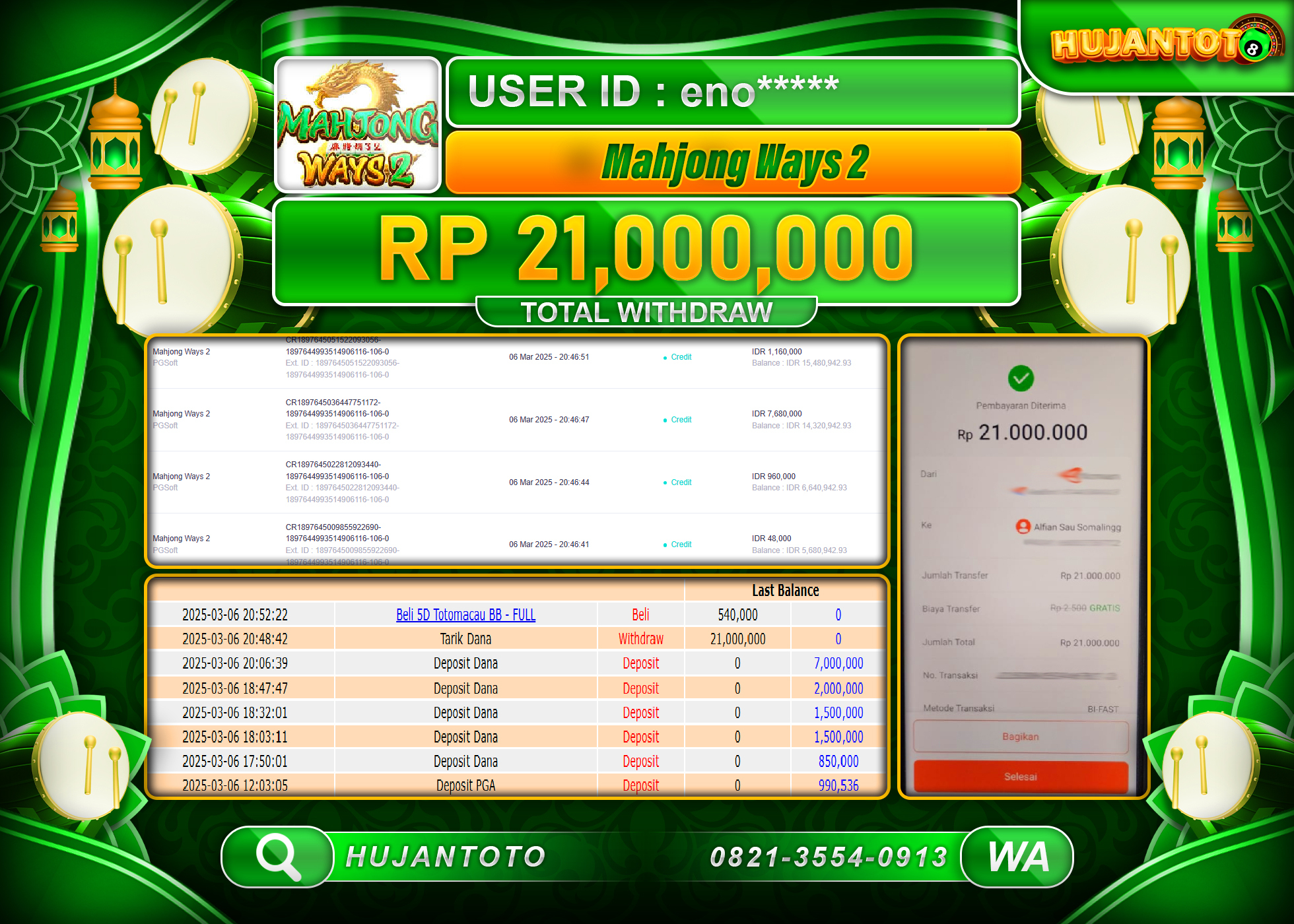 HUJANTOTO - BUKTI JACKPOT MENANG SLOT MAHJONG WAYS 2, Rp,21,000,000 - TERBAYAR LUNAS