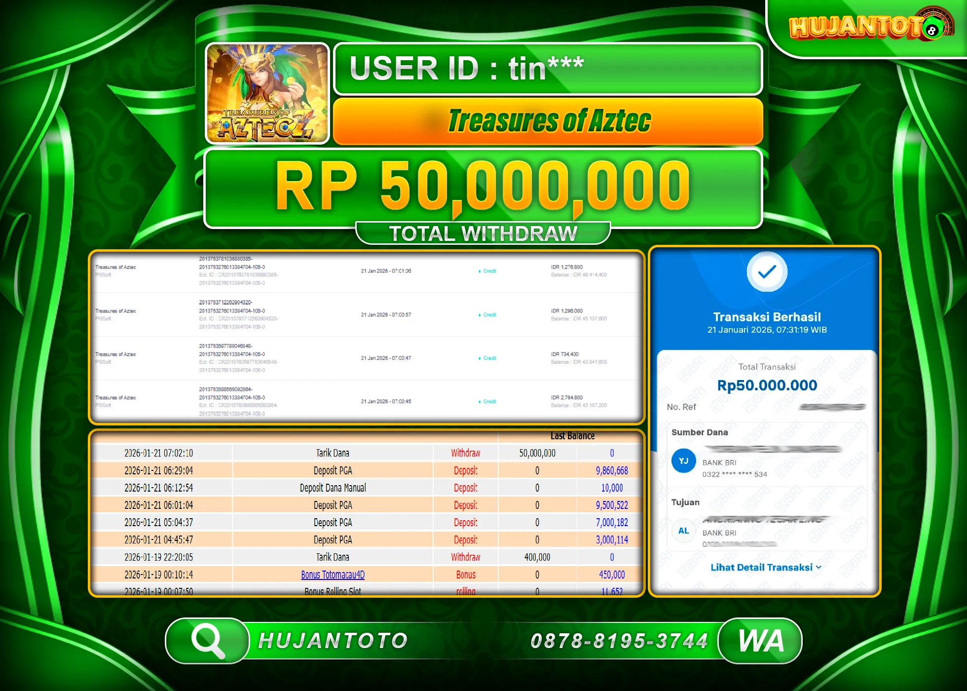 HUJANTOTO - BUKTI JACKPOT MENANG SLOT TREASURES OF AZTEC Rp.50,000,000 - TERBAYAR LUNAS