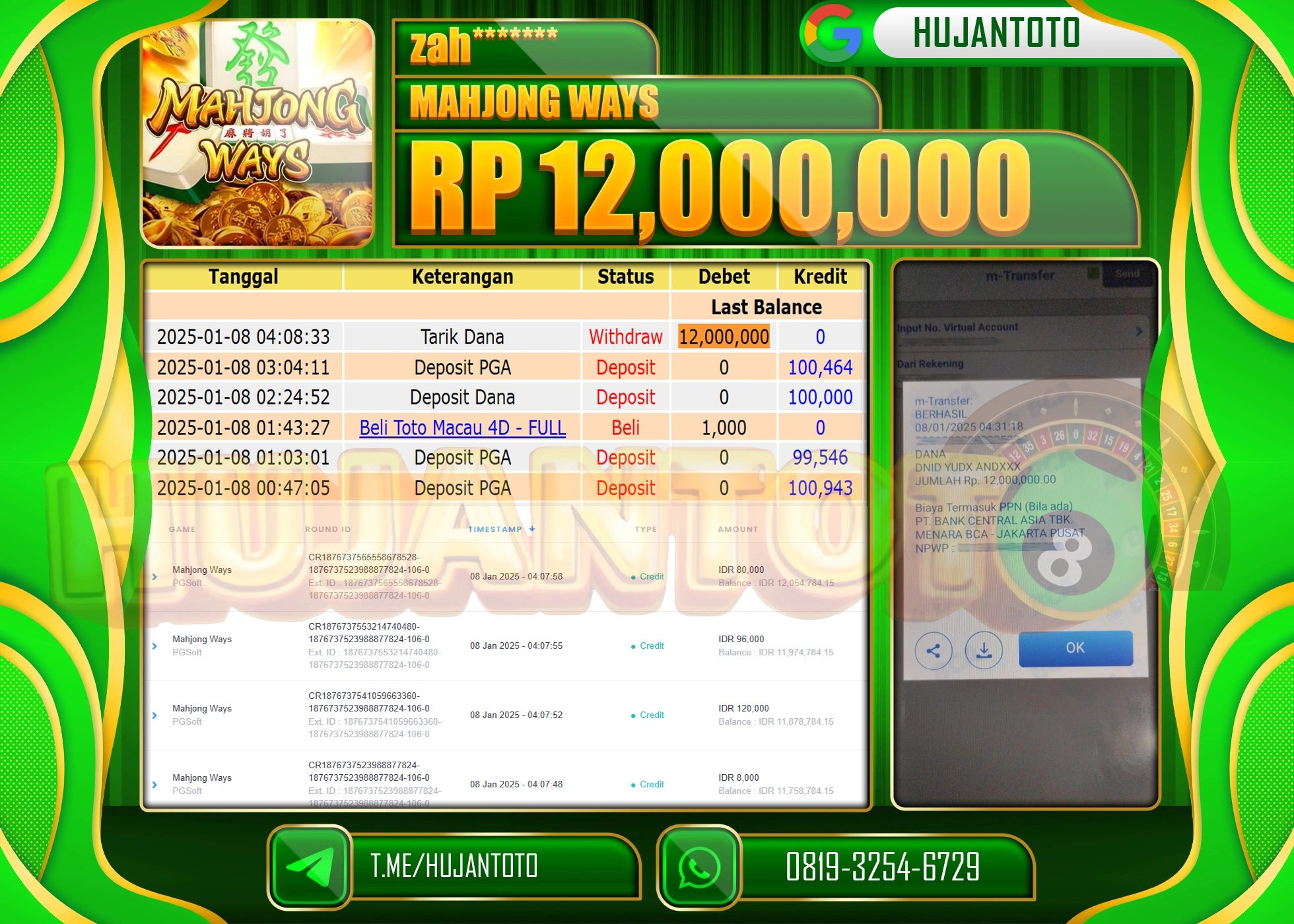 HUJANTOTO - BUKTI JACKPOT DI PERMAINAN SLOT MAHJONG WAYS Rp,12,000,000,- TERBAYAR LUNAS