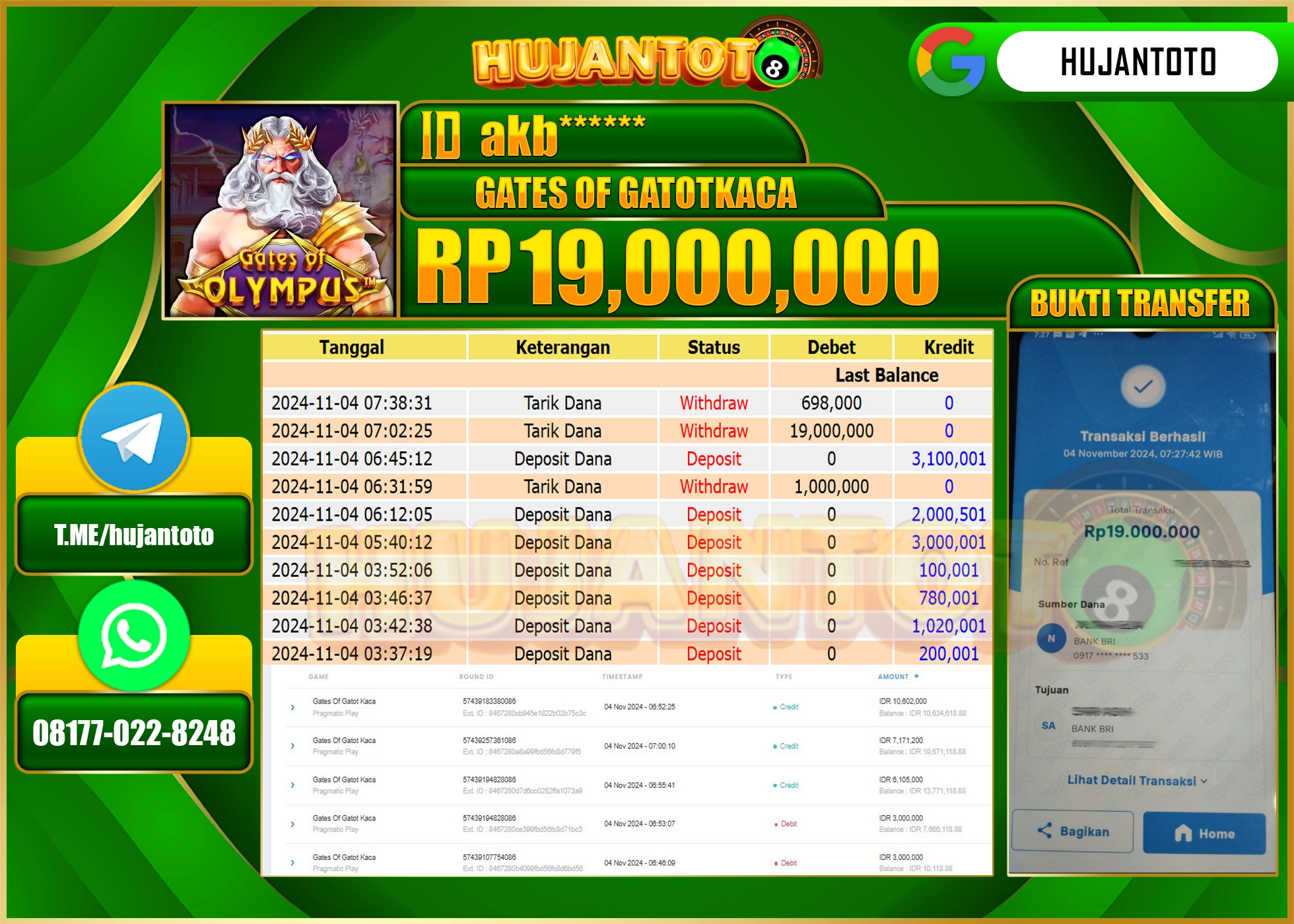 HUJANTOTO MENANG DI PERMAINAN GATES OF GATOT KACA   SEBESAR   - 19,000,0000 - LUNAS