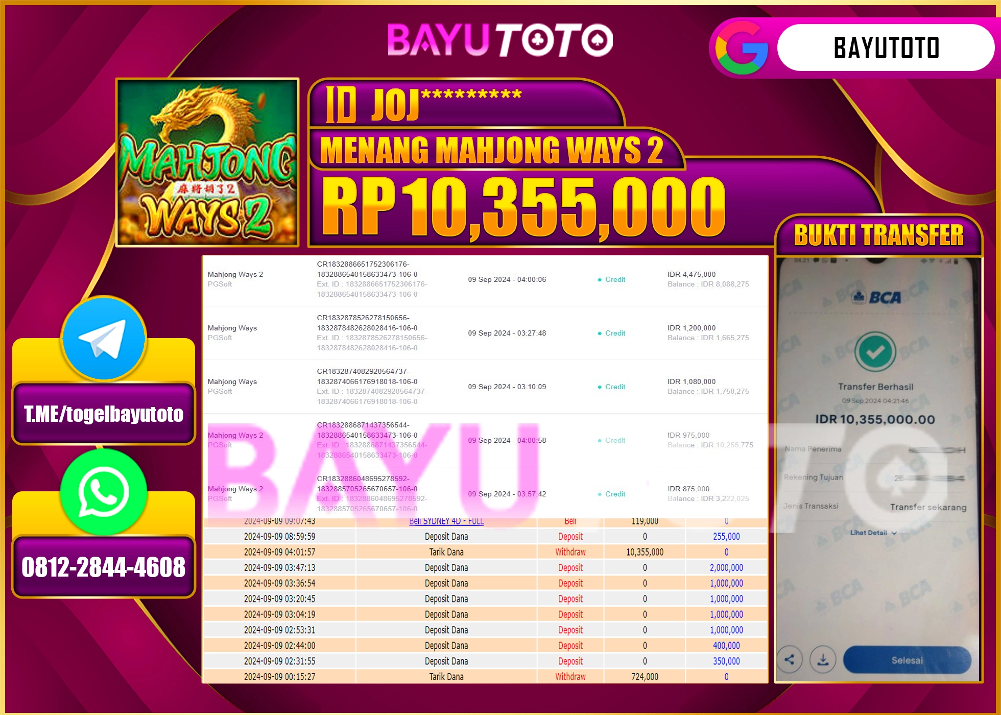 BAYUTOTO MENANG SLOT MAHJONG WAYS 2 10.355.000 - LUNAS
