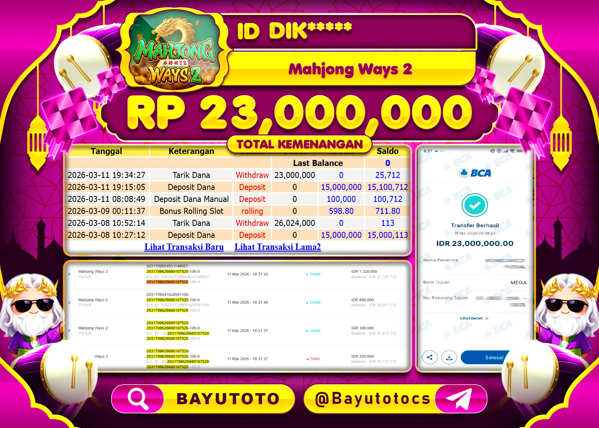 SELAMAT MEMBER SETIA BAYUTOTO JACKPOT DI SLOT MAHJONG WAYS 2(PGSOFT) Rp. 23,000,000 LUNAS
