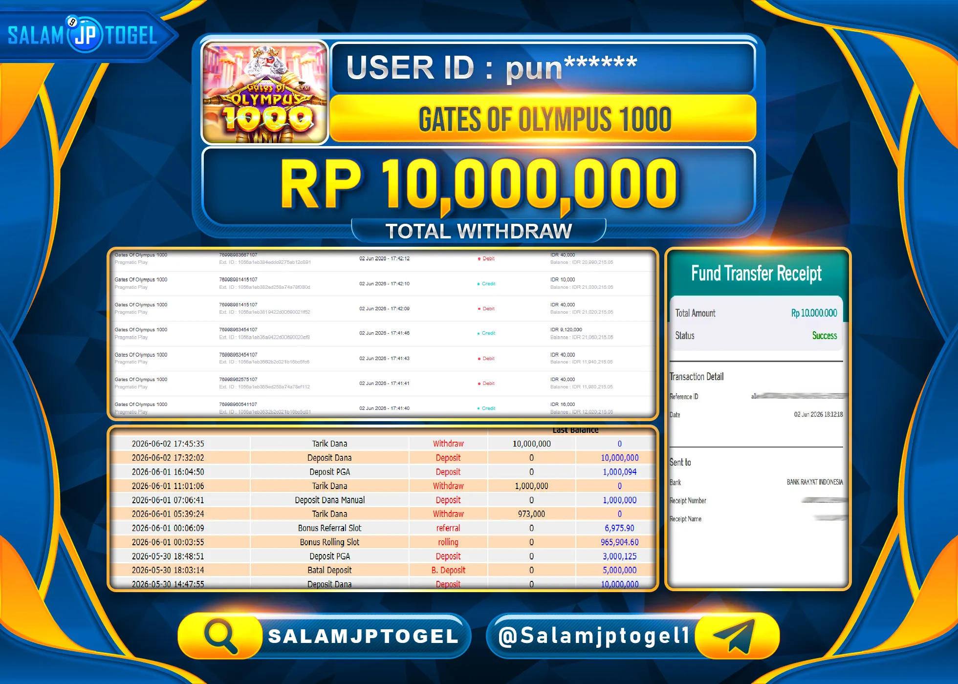SALAMJPTOGEL JACKPOT MENANG SLOT GATES OF OLYMPUS  1000 Rp.10,000,000 - LUNAS