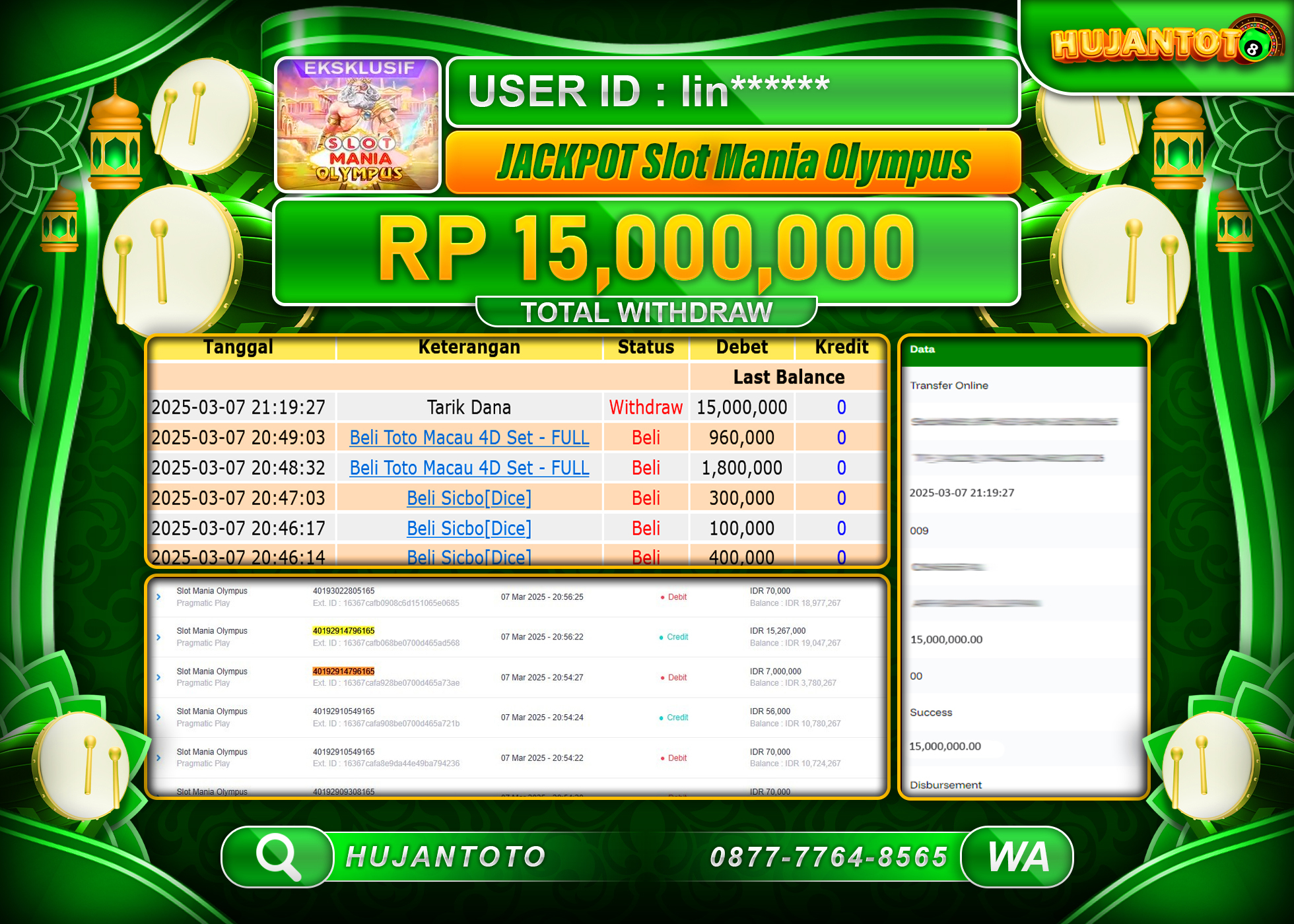 HUJANTOTO - BUKTI JACKPOT MENANG SLOT SLOT MANIA OLYMPUS Rp,15,000,000  - TERBAYAR LUNAS