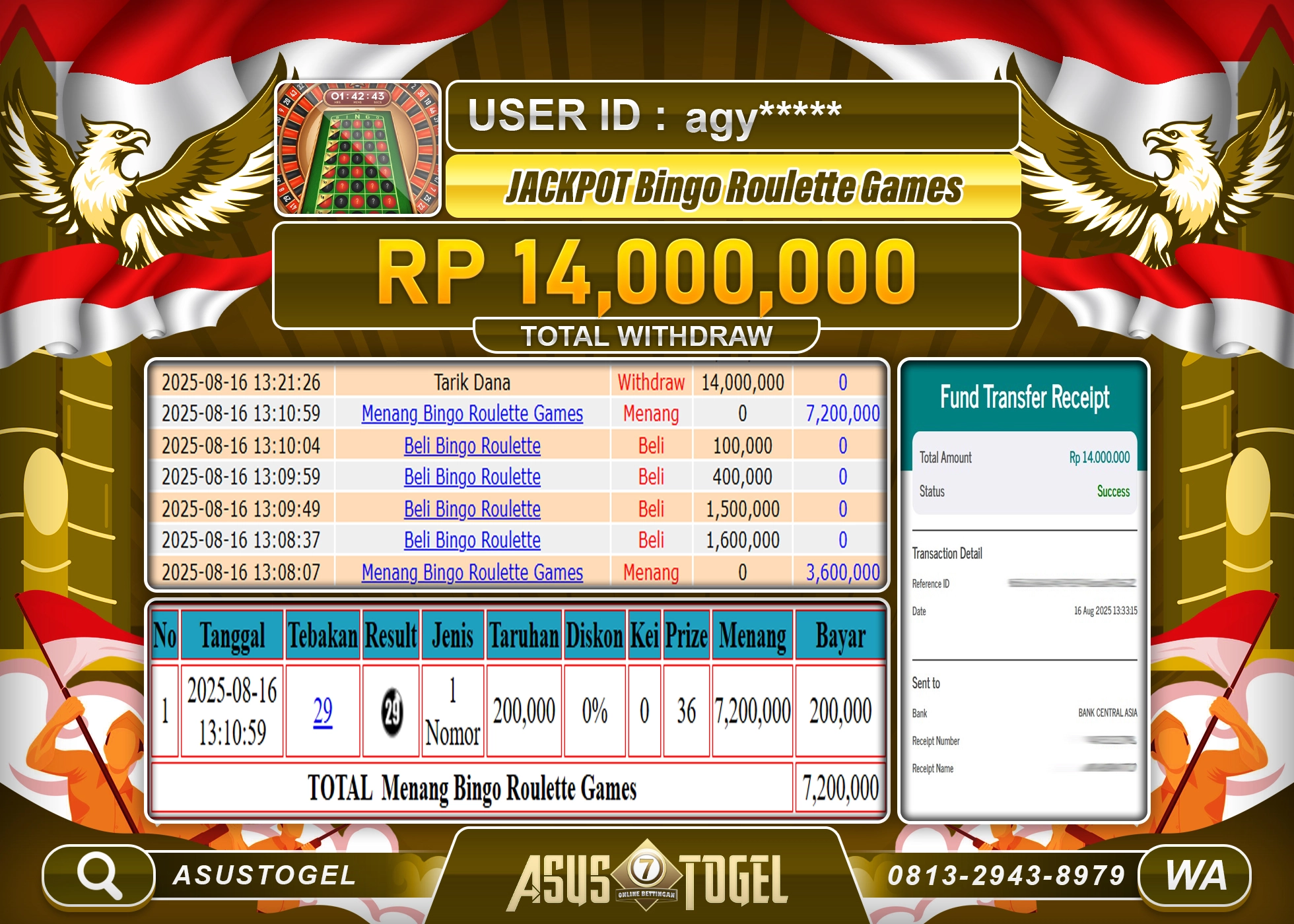 ASUSTOGEL KEMENANGAN DI LIVE BINGO ROULETTE GAMES SEBESAR 14,000,000- RUPIAH LUNAS