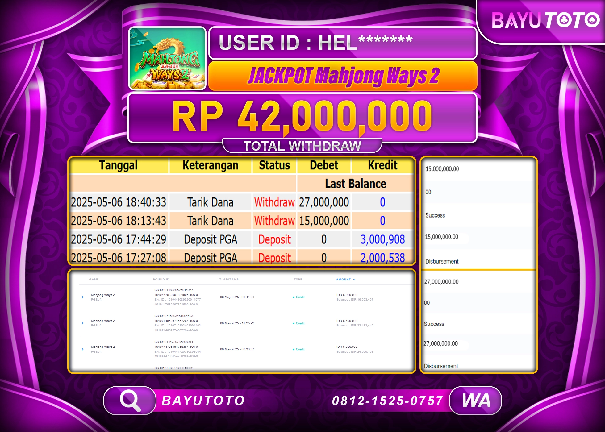 BAYUTOTO JACKPOT  Mahjong ways 2 PG Soft  Rp.42,000,000 LUNAS