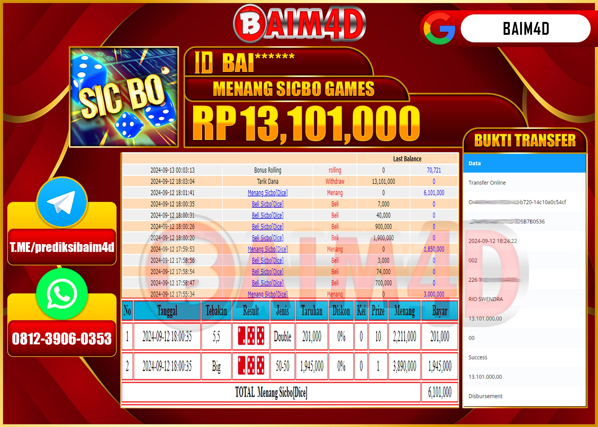 BAIM4D JACKPOT MENANG SICBO DICE GAME Rp.13.101,000.- LUNAS