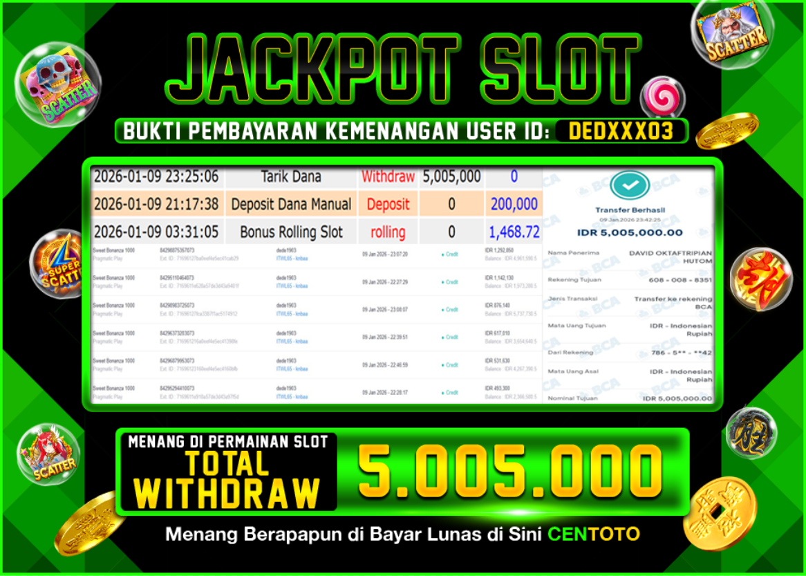 BUKTI JACKPOT SLOT CENTOTO  RP.5.005.000,-LUNAS