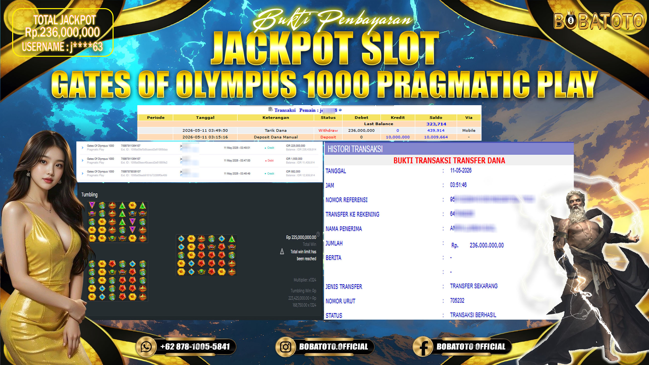 BOBATOTO JACKPOT  SLOT GATES OF OLYMPUS 1000 PRAGMATIC PLAY Rp.236,000,000,- LUNAS!!!