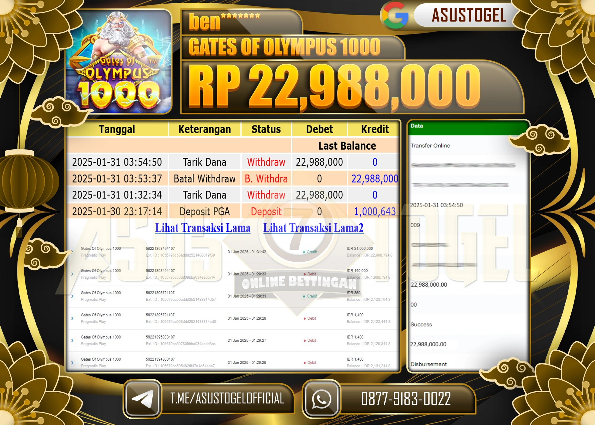 ASUSTOGEL KEMENANGAN DI GATES OF OLYMPUS 1000 SEBESAR 22.988.000 - RUPIAH LUNAS