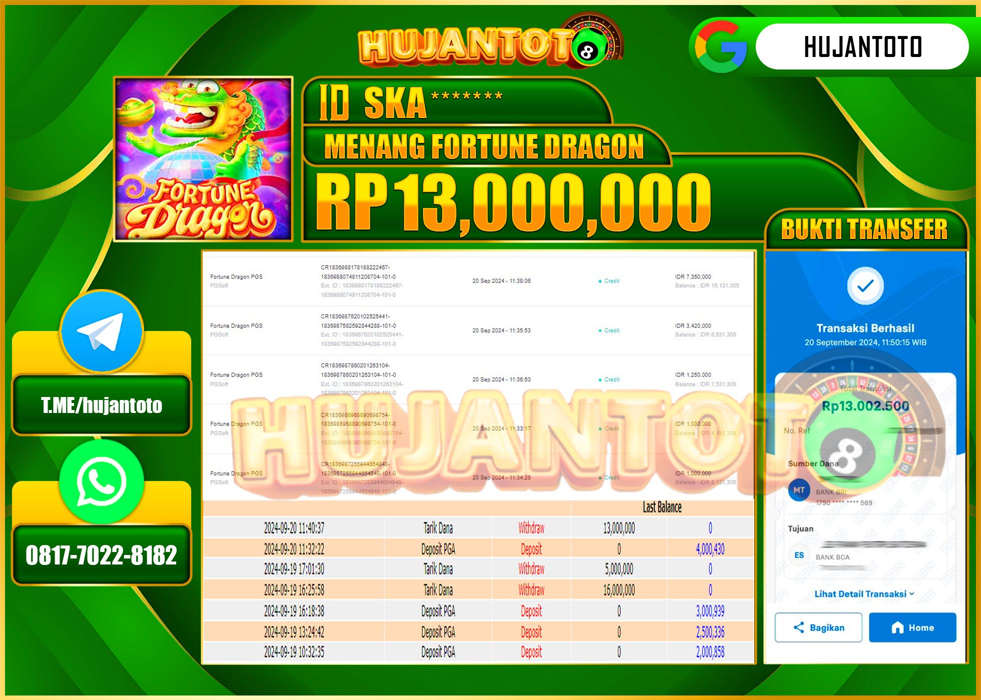 HUJANTOTO MENANG BESAR DI PERMAINAN SLOT FORTUNE DRAGON  , 13,000,000 - LUNAS 