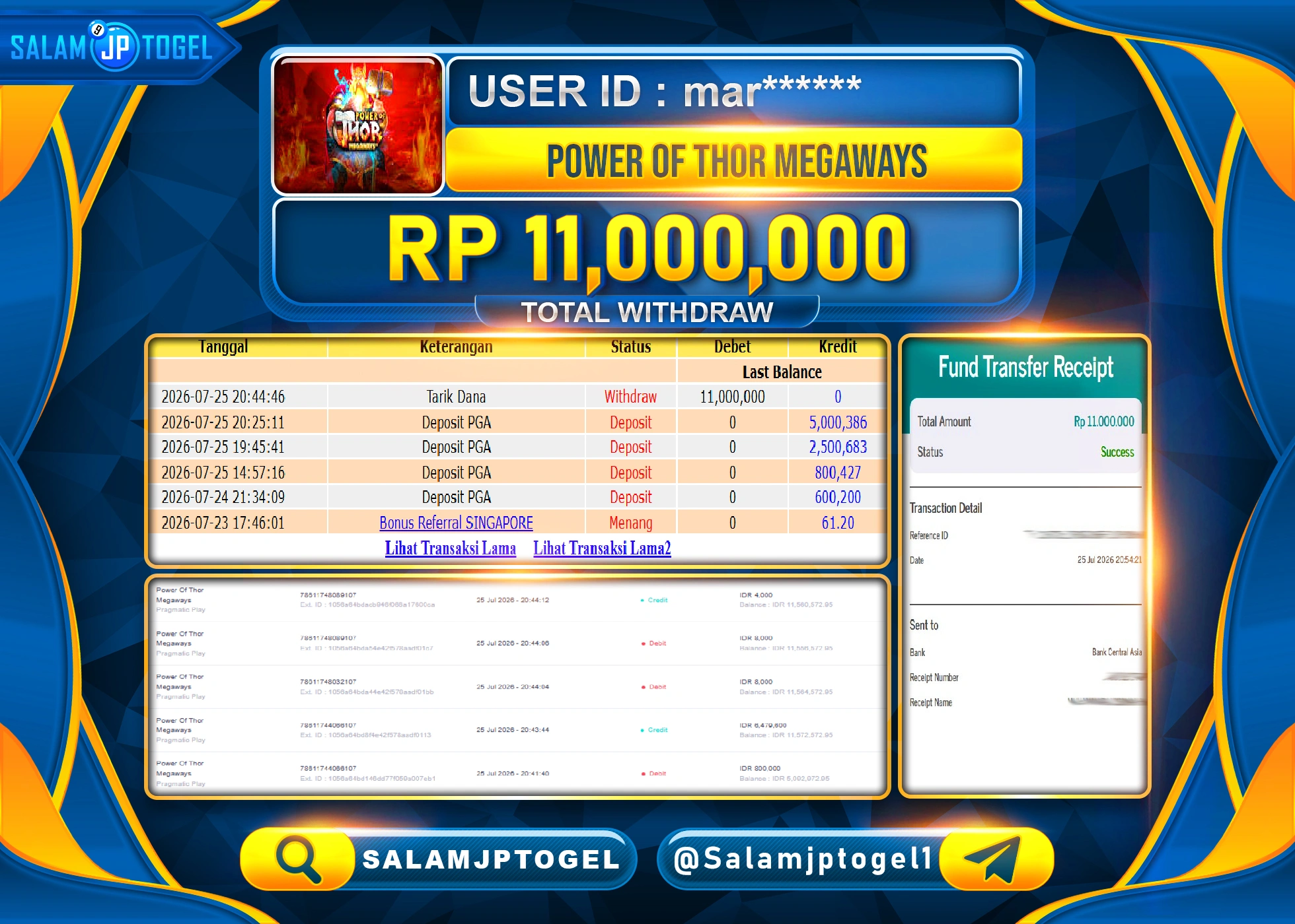 SALAMJPTOGEL JACKPOT MENANG SLOT POWER OF THOR MEGAWAYS Rp.11,000,000 - LUNAS