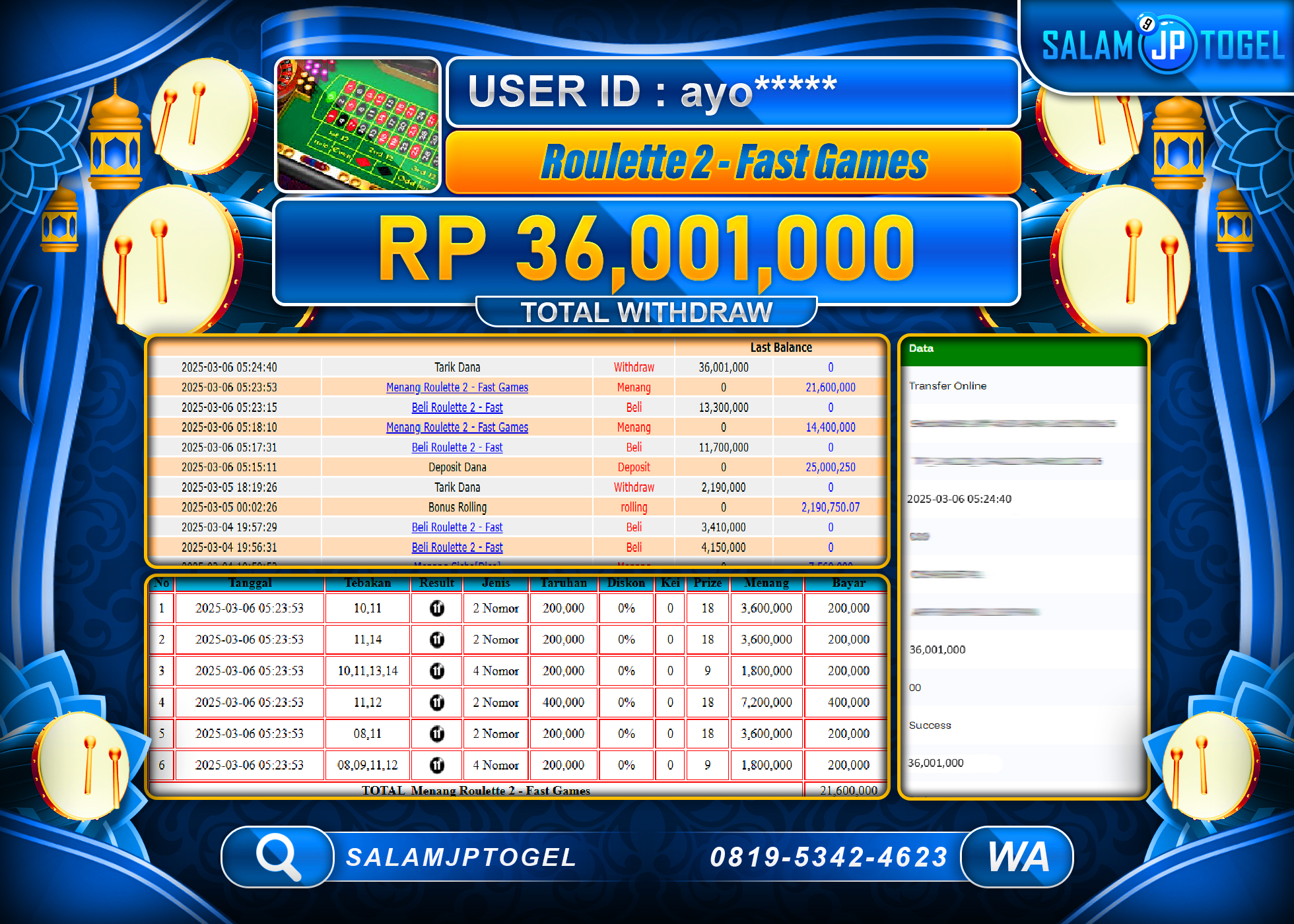 SALAMJPTOGEL MENANG ROULETTE 2 FAST GAMES Rp. 36,001,000 LUNAS