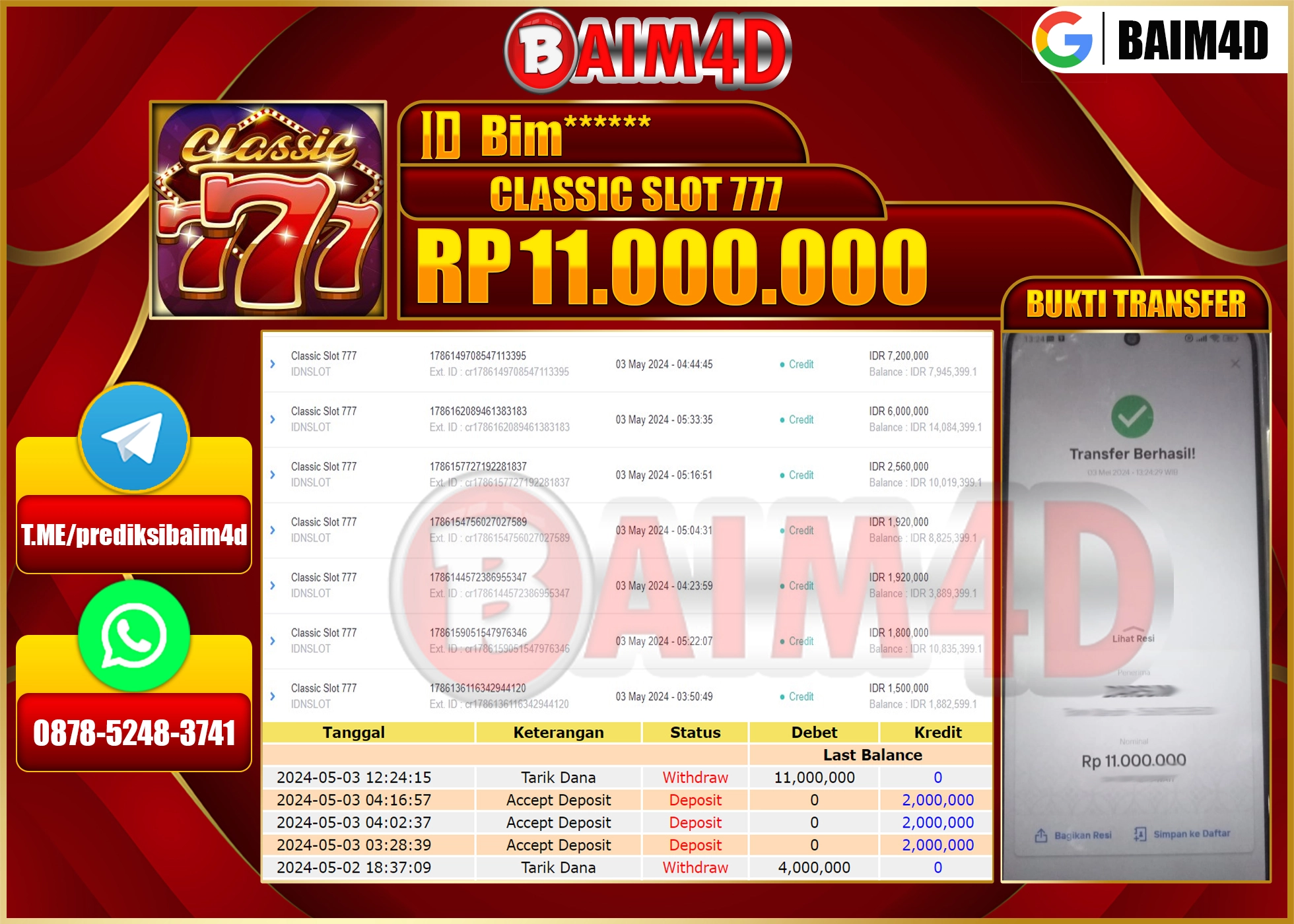 BAIM4D JACKPOT CLASSIC SLOT777 Rp.11,000,000.,- LUNAS