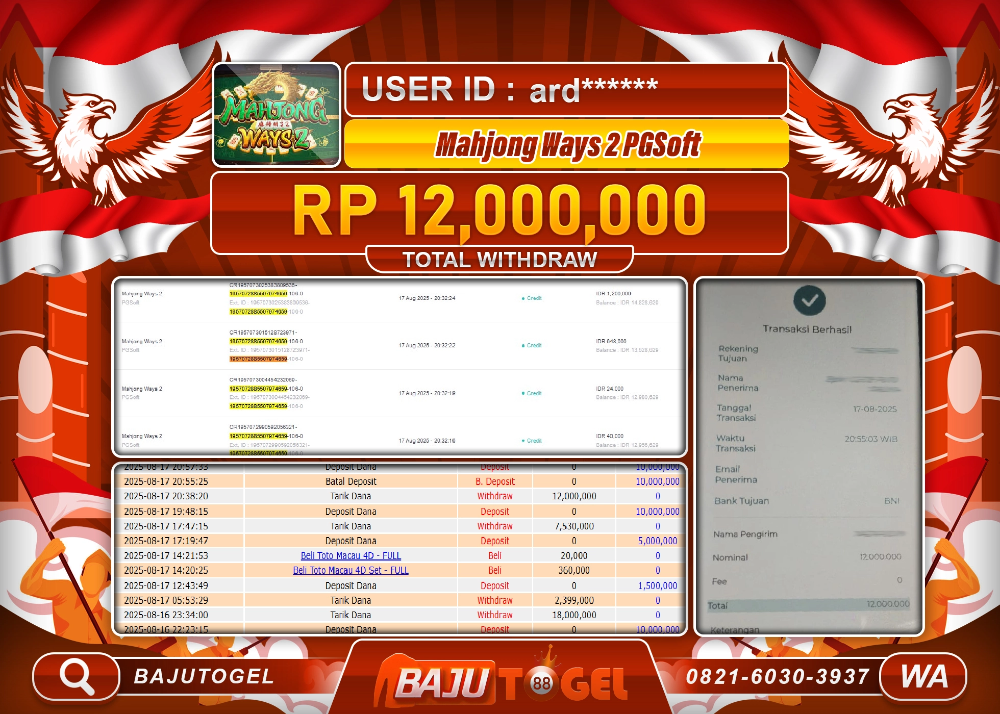 BAJUTOGEL KEMENANGAN MAHJONG WAYS 2 PGSOFT Rp.12.000.000 LUNAS