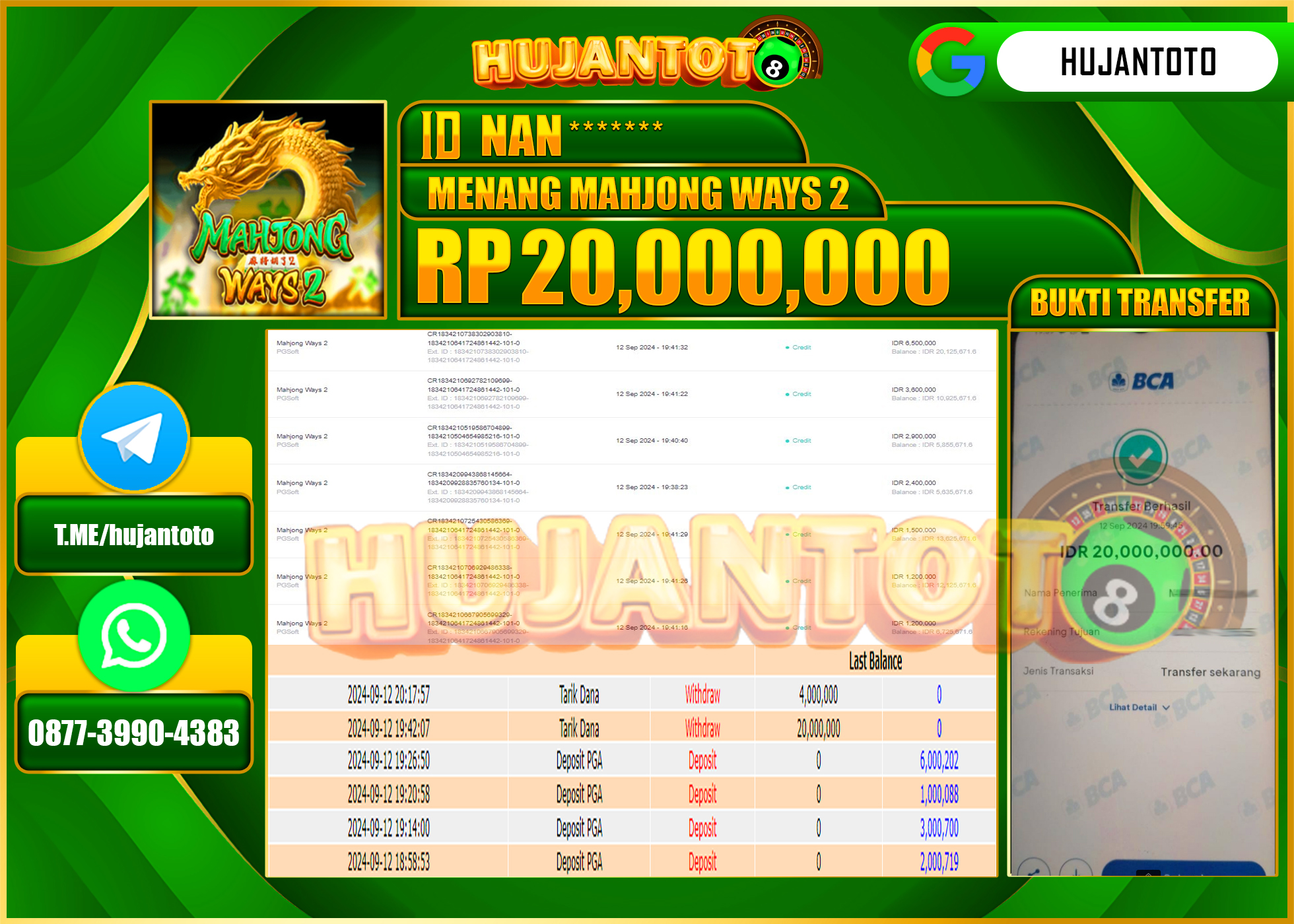 HUJANTOTO MENANG BESAR DI PERMAINAN SLOT MAHJONG WAYS 2  20,000,000 - LUNAS 