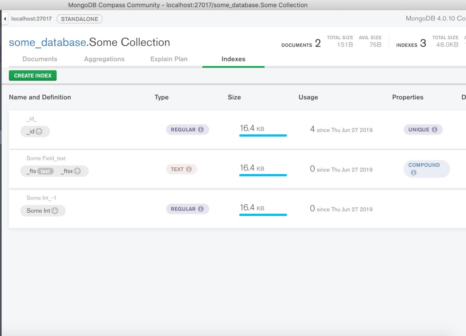 Screenshot of MongoDB Compass UI getting the indexes of a collection
