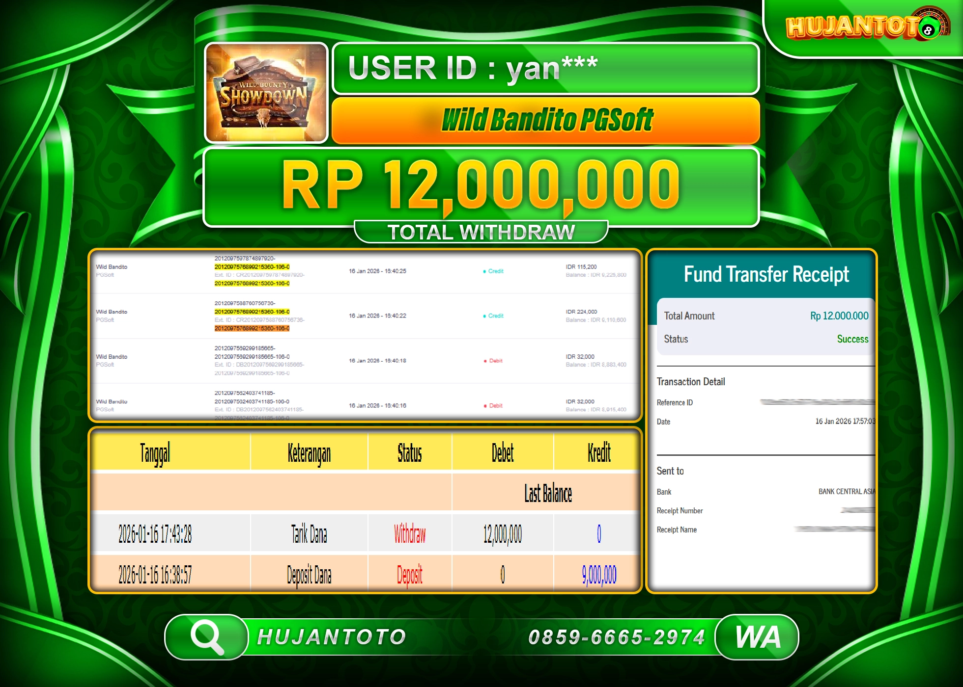 HUJANTOTO - BUKTI JACKPOT MENANG SLOT WILD BANDITO PGSOFT Rp.12,000,000 - TERBAYAR LUNAS