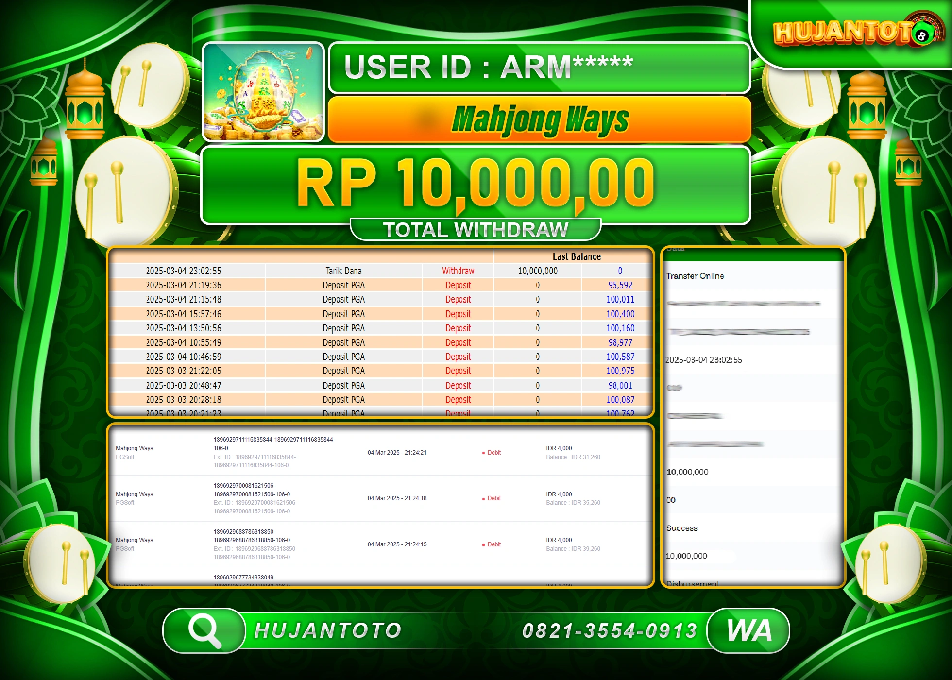 HUJANTOTO - BUKTI JACKPOT MENANG SLOT PG SOFT MAHJONG WAYS, Rp,10,000,000   - TERBAYAR LUNAS