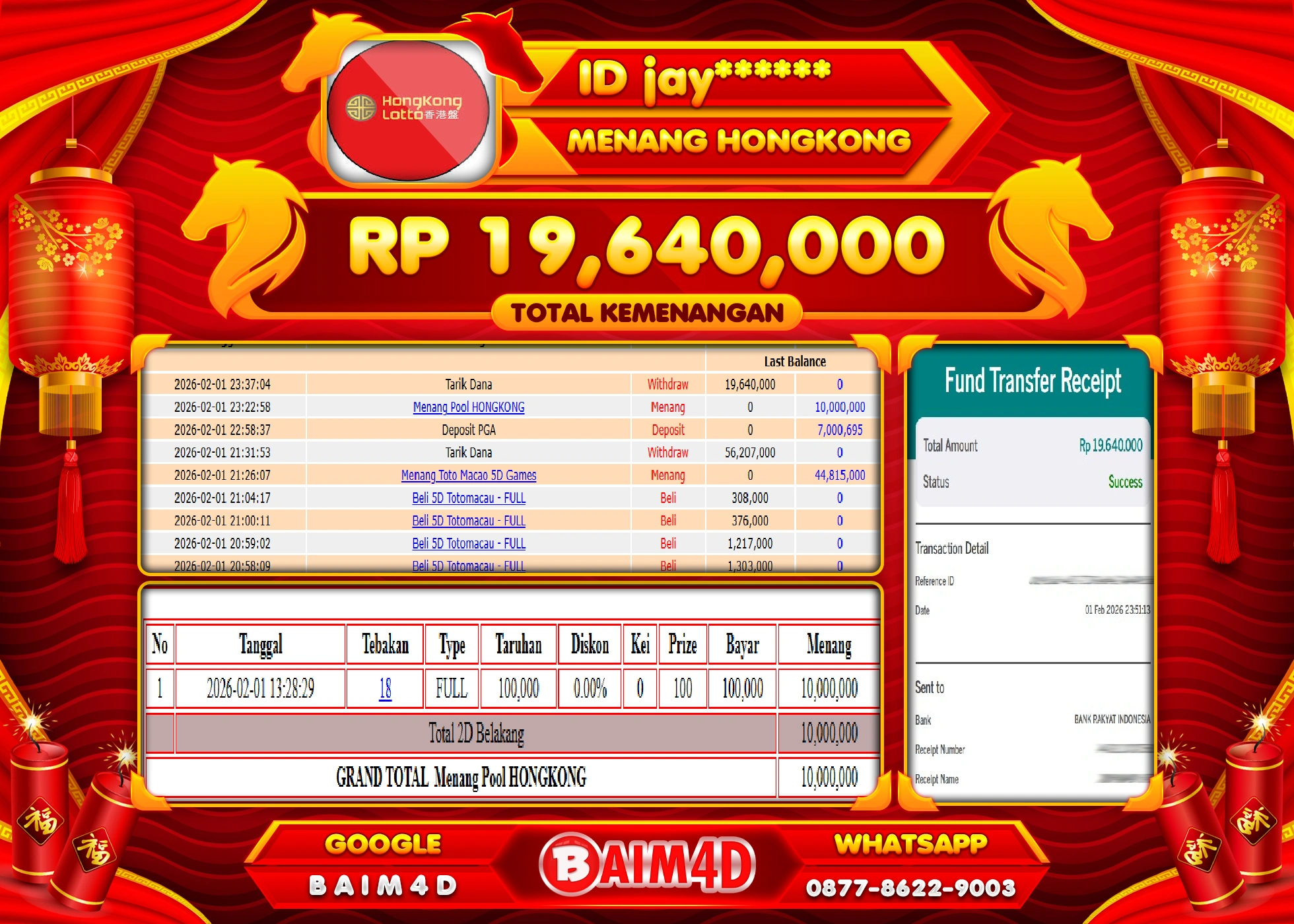 BAIM4D JACKPOT  TOGEL HONGKONG Rp.19,640,000 - LUNAS
