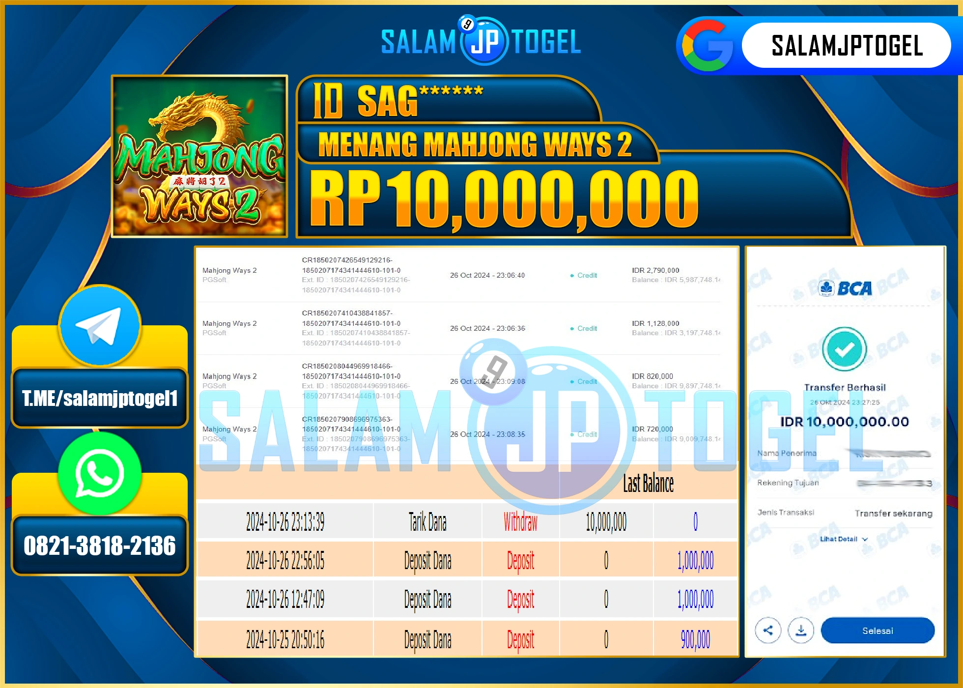 SALAMJPTOGEL MENANG SLOT MAHJONG WAYS 2 RP. 10,000,000 LUNAS