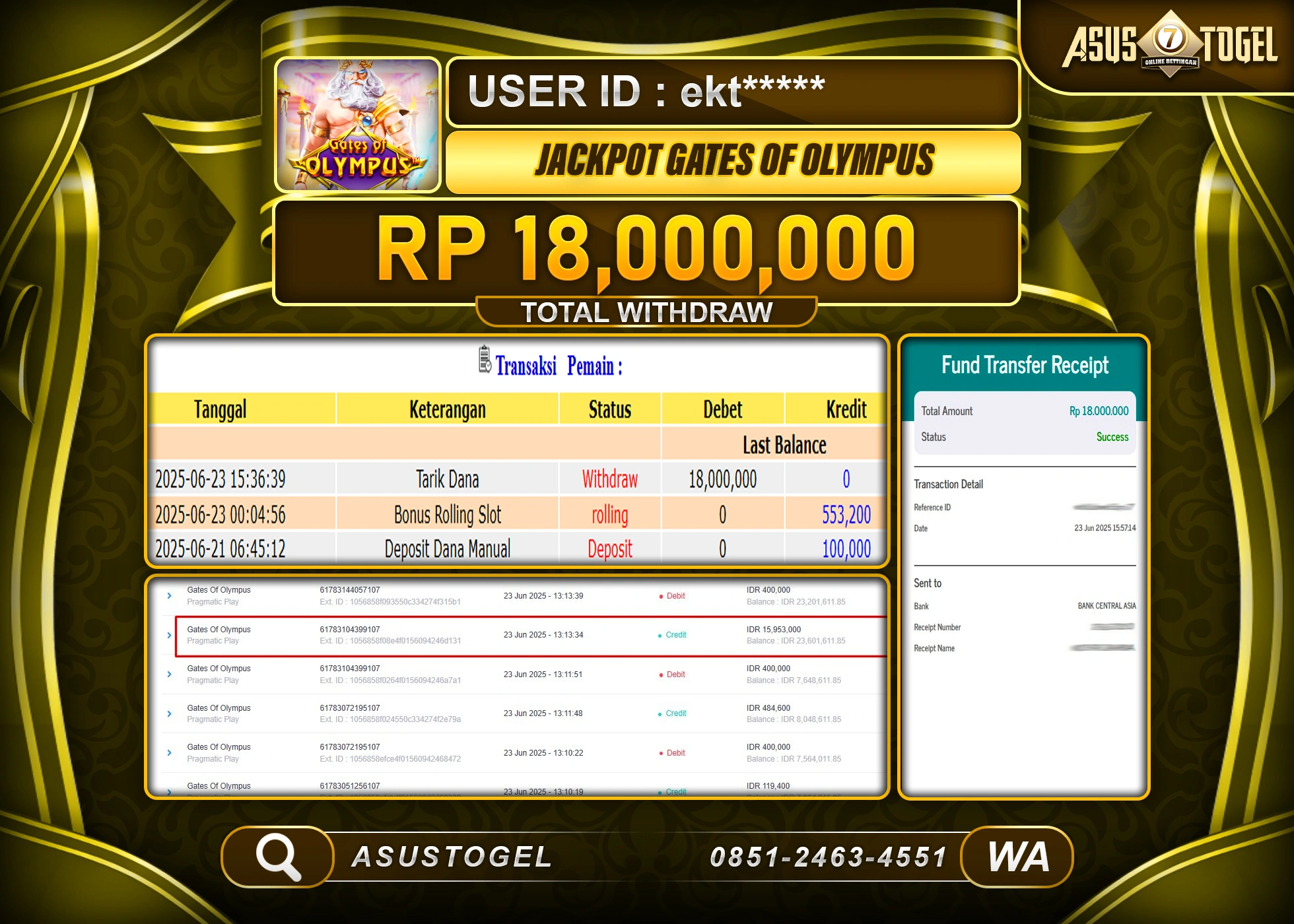 ASUSTOGEL KEMENANGAN DI SLOT GATES OF OLYMPUS  SEBESAR 18,000,000- RUPIAH LUNAS