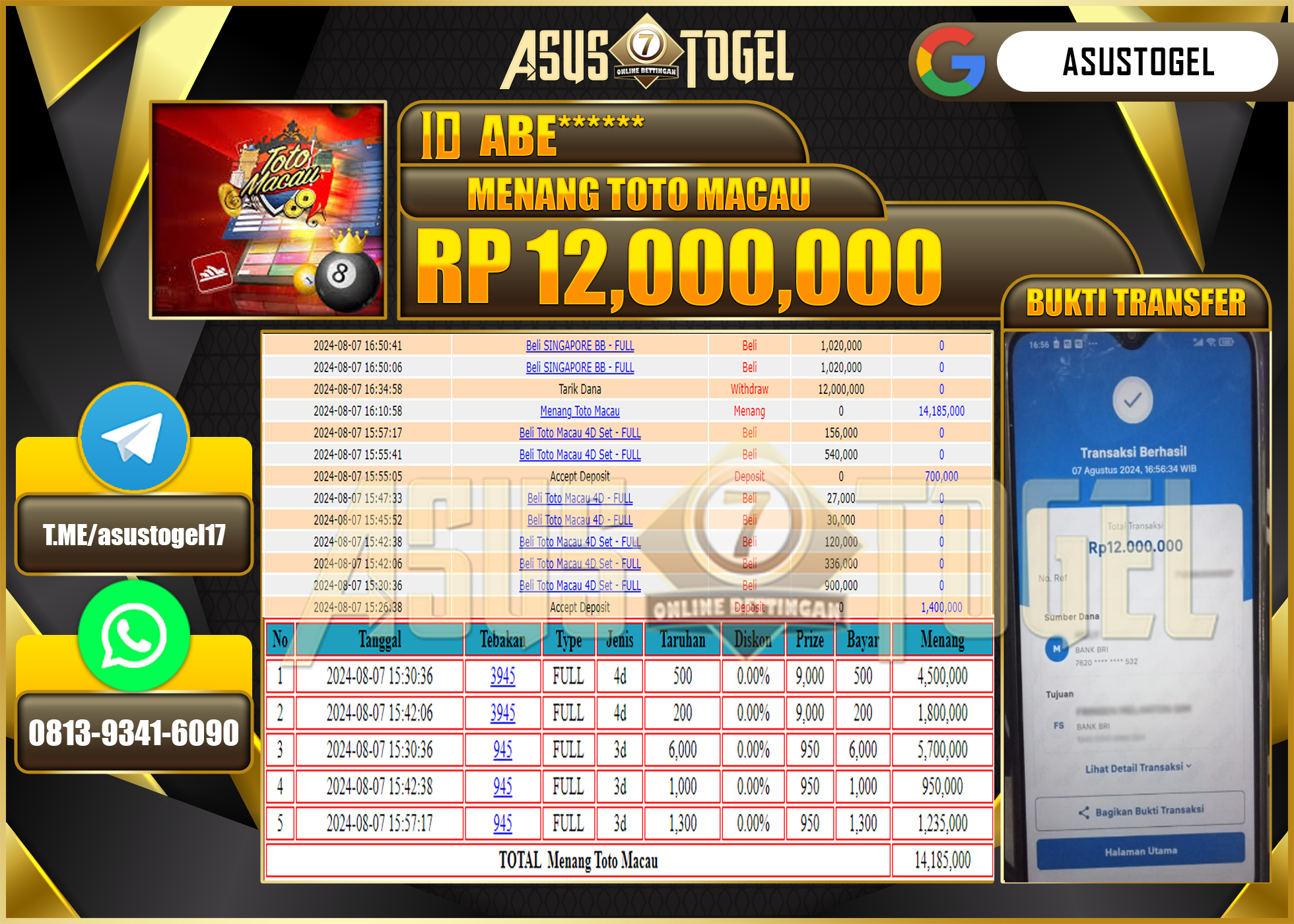 ASUSTOGEL KEMENANGAN DI     MENANG     TOTO     MACAU   SEBESAR 12,000,000- RUPIAH LUNAS