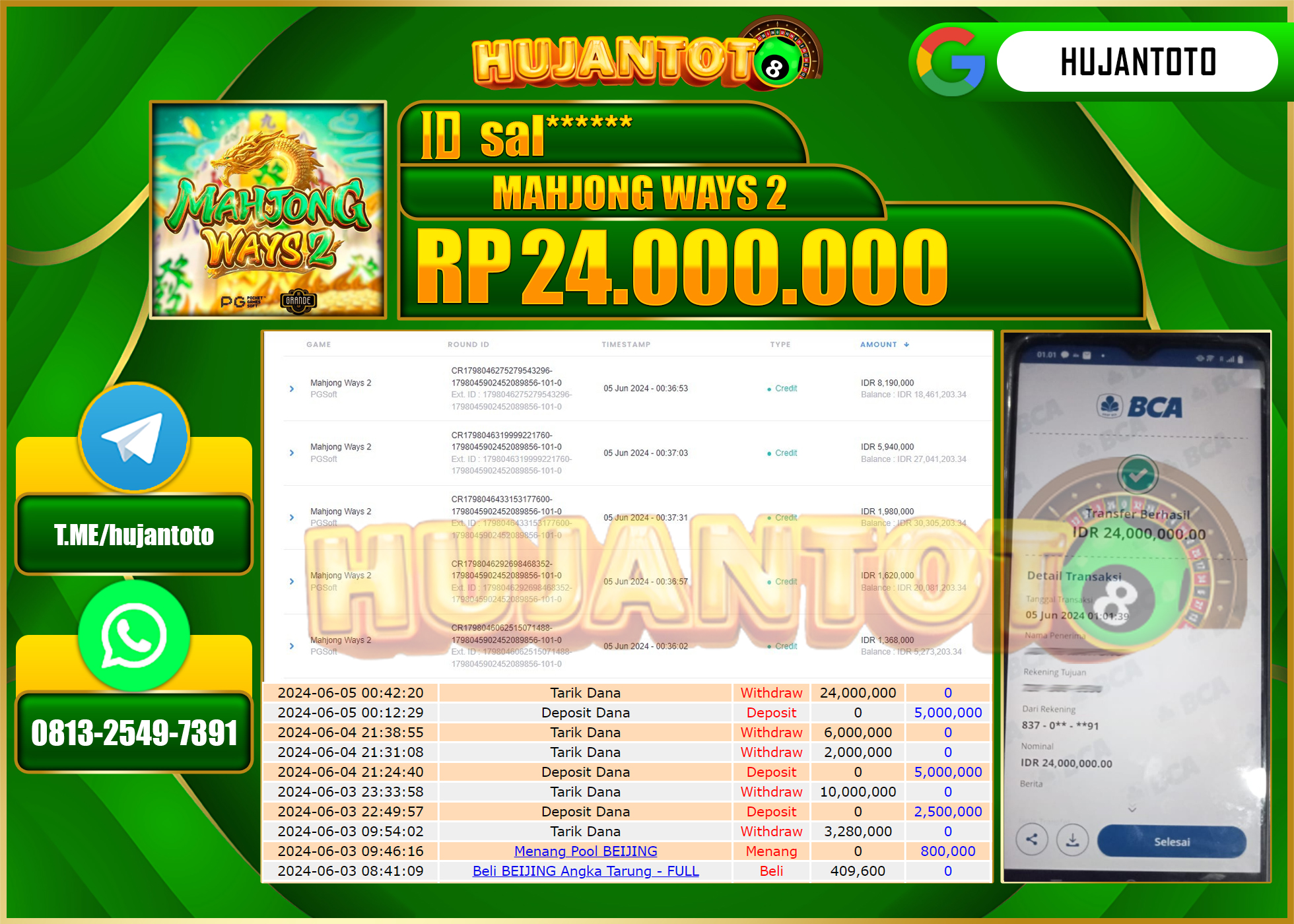 HUJANTOTO MENANG SLOT MAHJONG WAYS 2 24.000.000 - LUNAS 