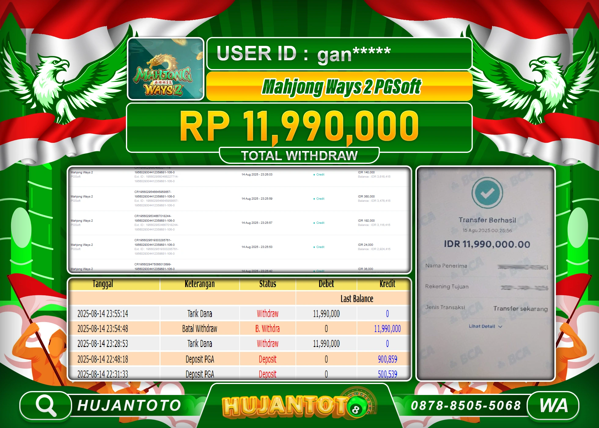 HUJANTOTO - BUKTI JACKPOT MENANG SLOT MAHJONG WAYS 2 Rp.11,990,000 - TERBAYAR LUNAS