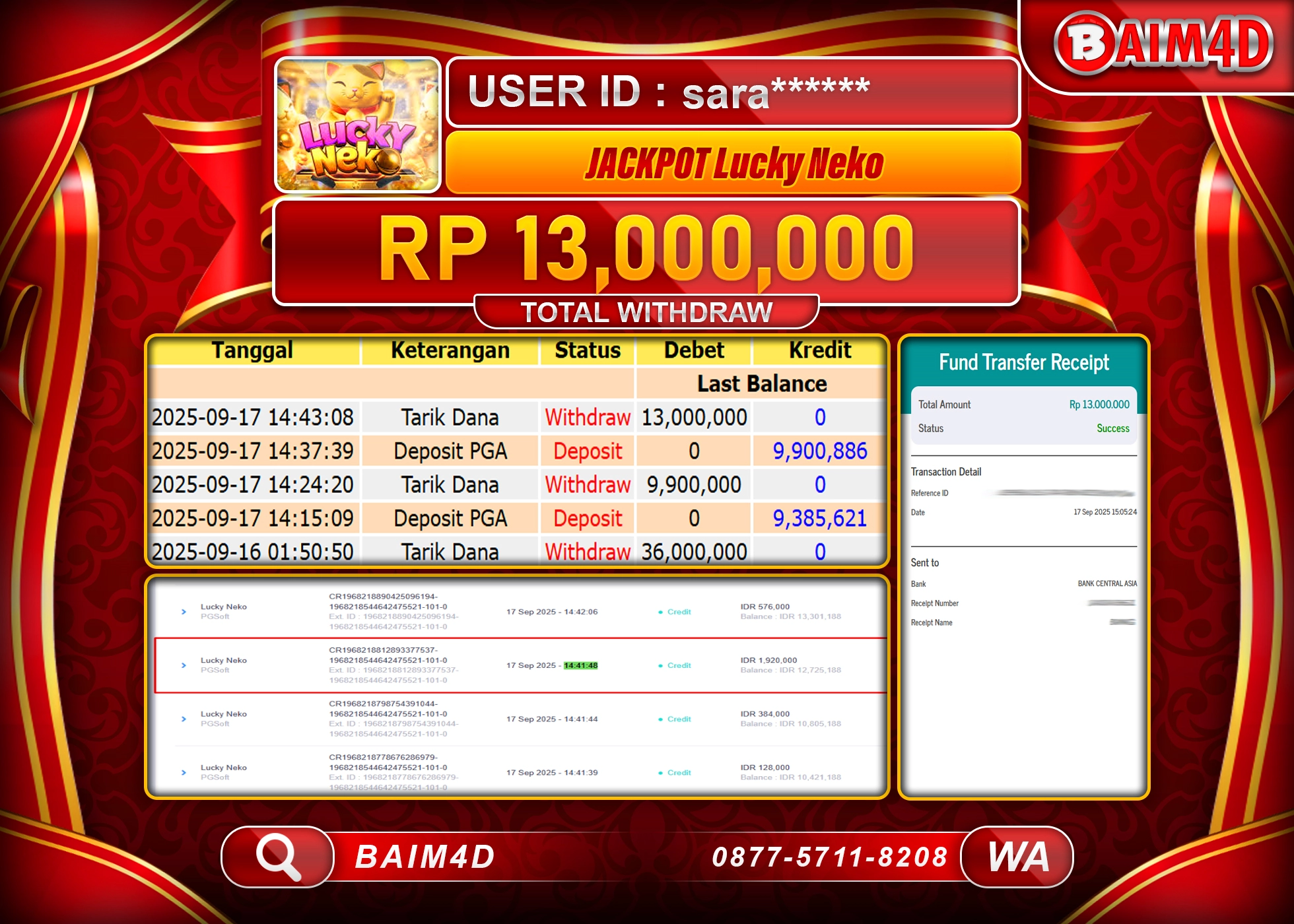 BAIM4D JACKPOT SLOT LUCKY NEKO PG SOFT  Rp.13,000,000.- LUNAS