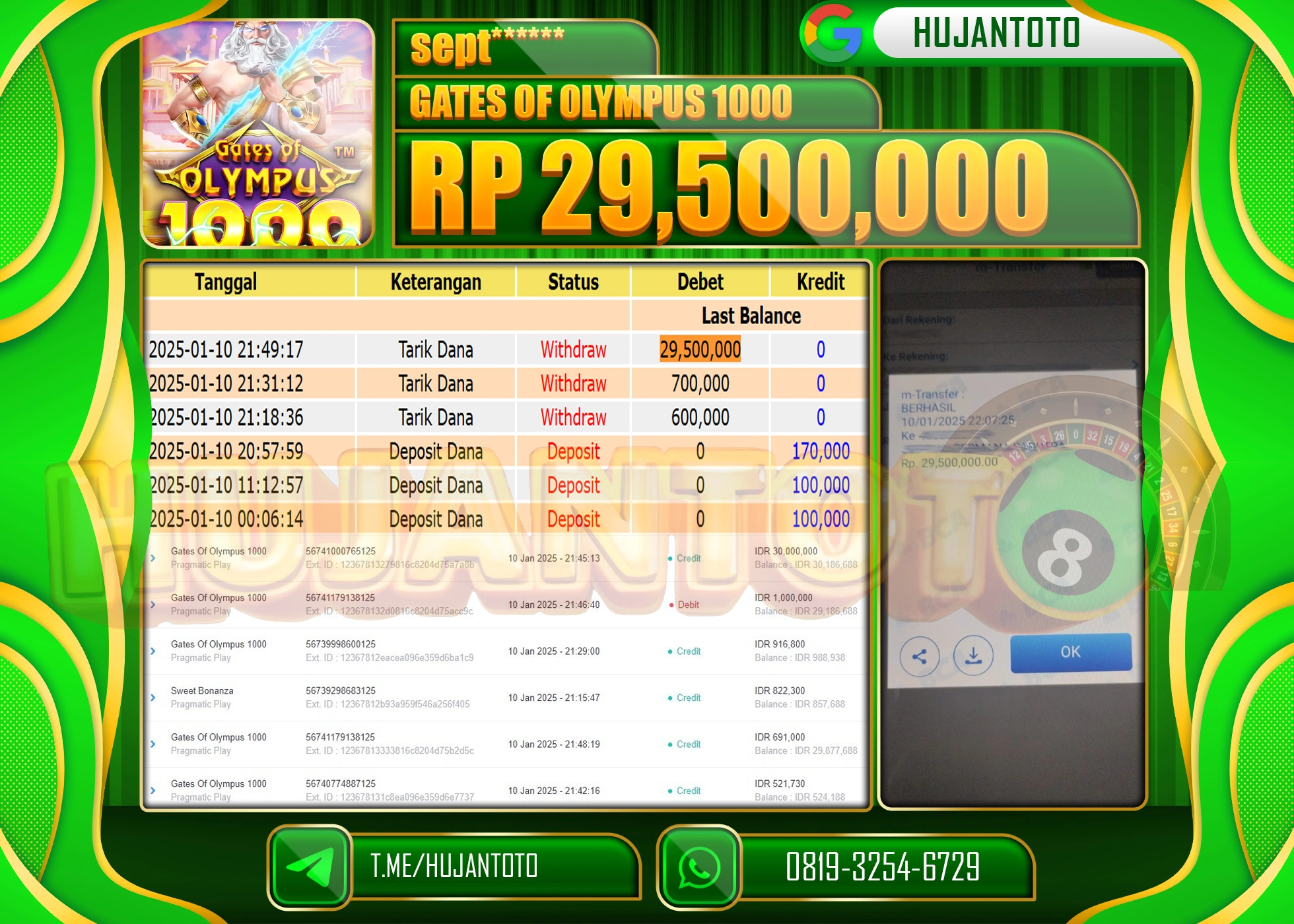 HUJANTOTO - BUKTI JACKPOT DI PERMAINAN SLOT GATES OF OLYMPUS 1000 , Rp. 29,500,000 - TERBAYAR LUNAS