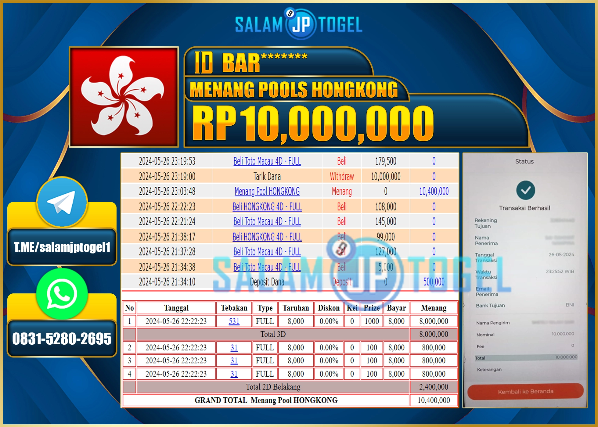 SALAMJPTOGEL MEMBER MENANG HONGKONG  RP. 10,000,000.,LUNAS