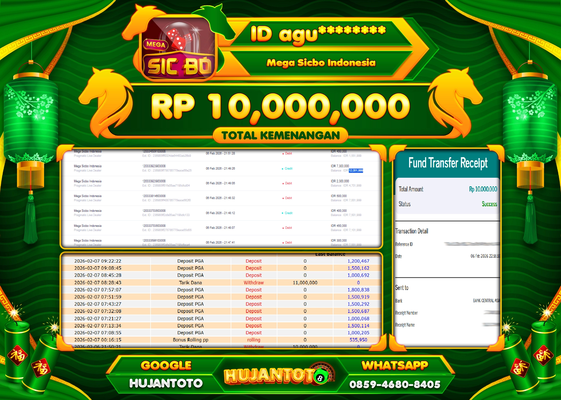 HUJANTOTO - BUKTI JACKPOT MENANG LIVEGAME MEGA SICBO INDONESIA Rp.10,000,000 - TERBAYAR LUNAS