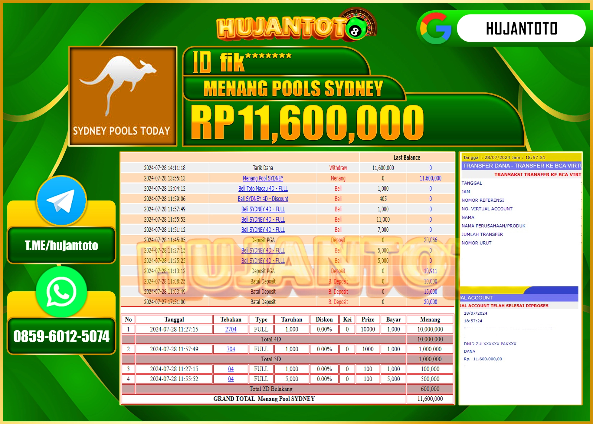 HUJANTOTO MENANG PERMAINAN LOTTERY SYDNEY POOLS  11.600.000 - LUNAS 